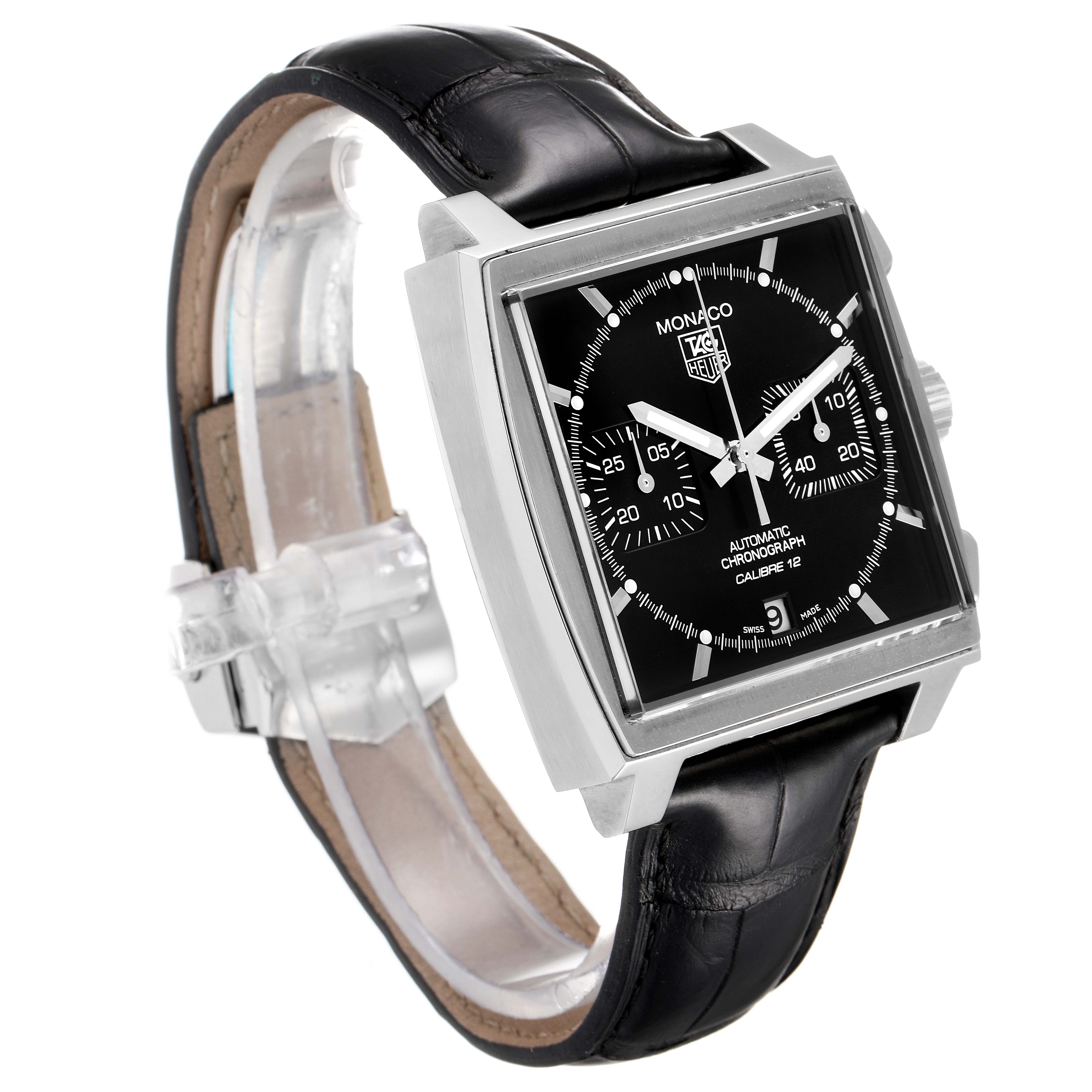 The image shows a side angle of the Tag Heuer Monaco CAW2110.FC6177 Men's Stainless Steel Black Dial CAW2110.FC6177 Men's Stainless Steel Black Dial watch, highlighting its square face, black dial, steel case, and black leather strap.