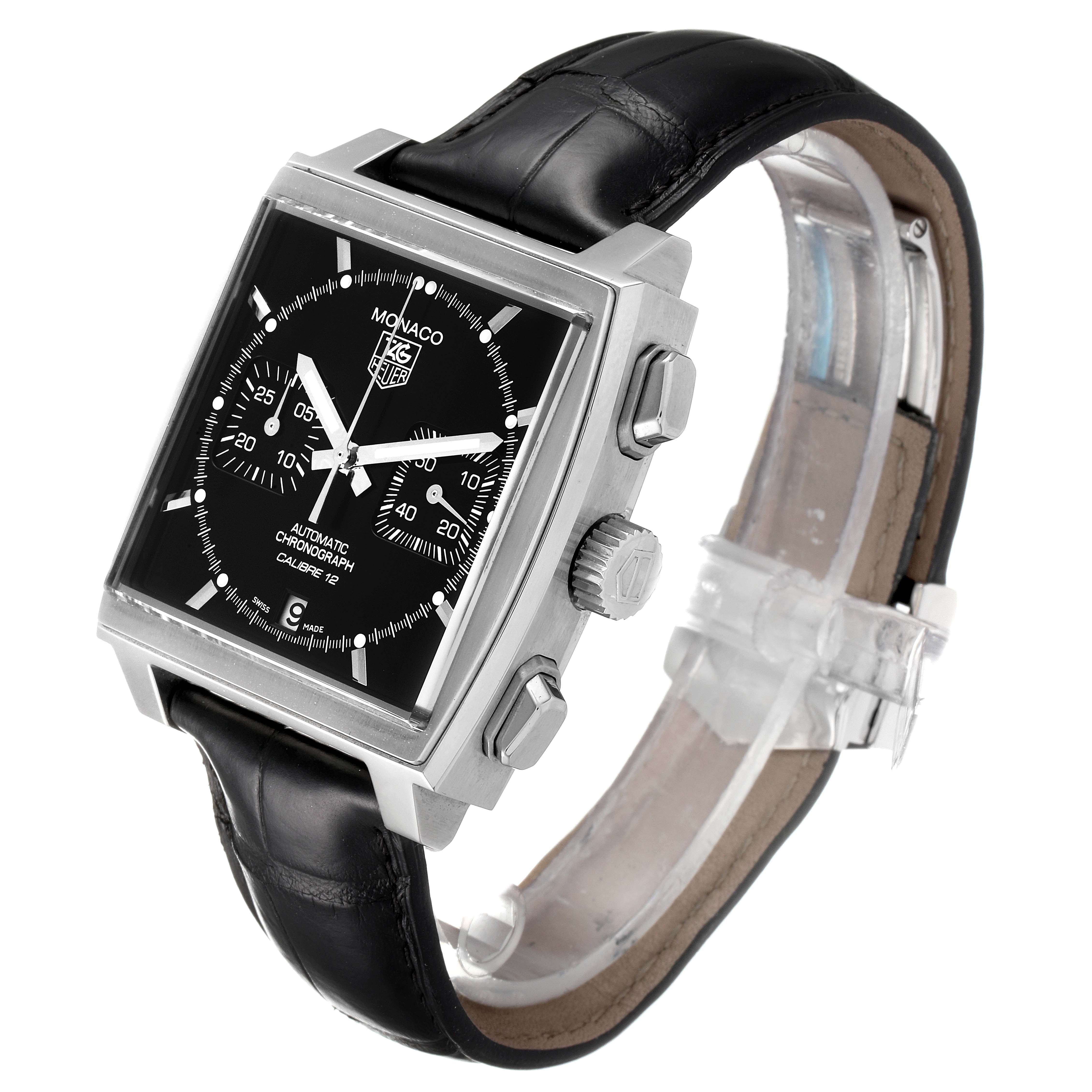 The Tag Heuer Monaco CAW2110.FC6177 Men's Stainless Steel Black Dial CAW2110.FC6177 Men's Stainless Steel Black Dial watch is shown at a three-quarter angle, highlighting its square face, side buttons, and leather strap.