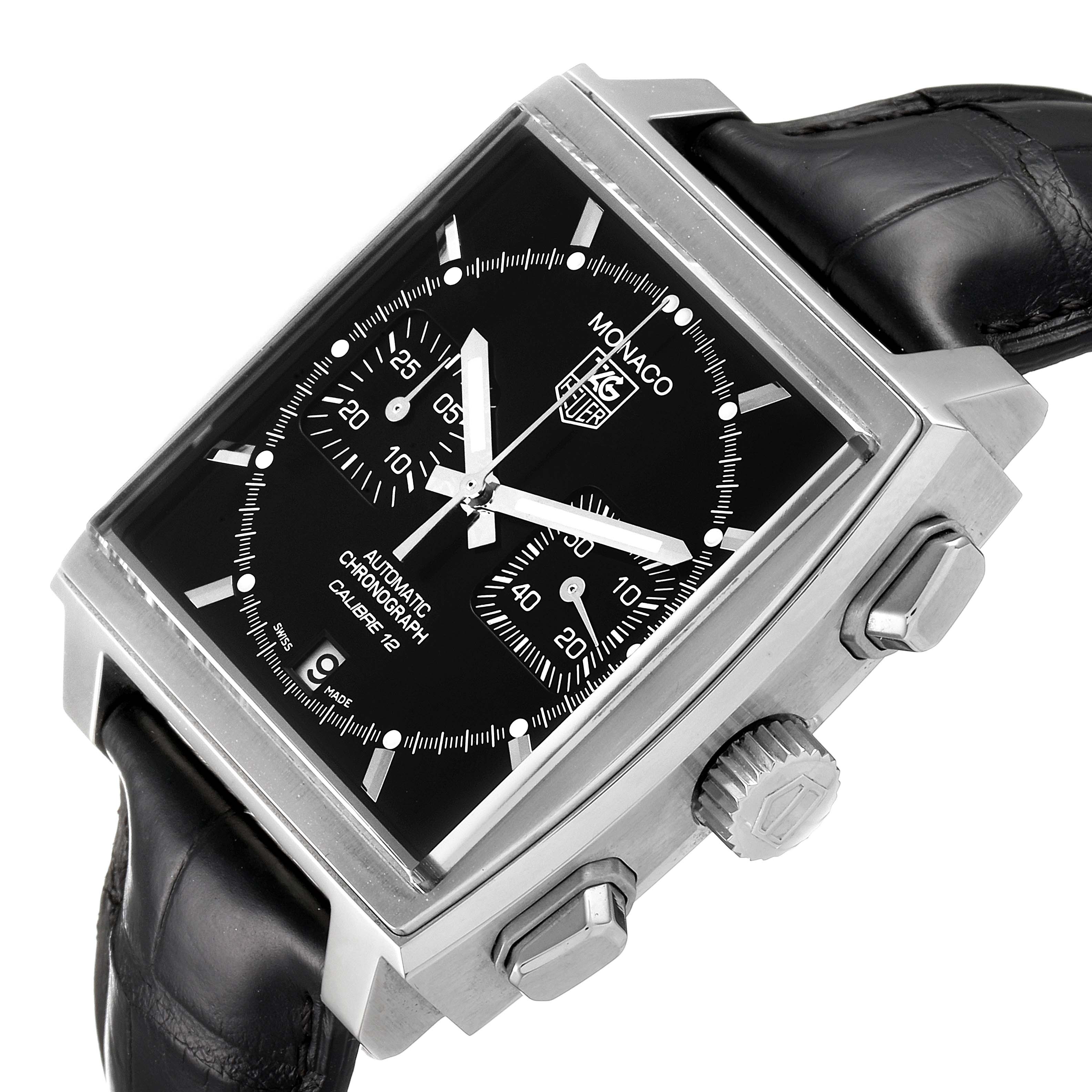 The Tag Heuer Monaco CAW2110.FC6177 Men's Stainless Steel Black Dial CAW2110.FC6177 Men's Stainless Steel Black Dial model watch is shown from an angled side view, displaying its face, crown, and leather strap.
