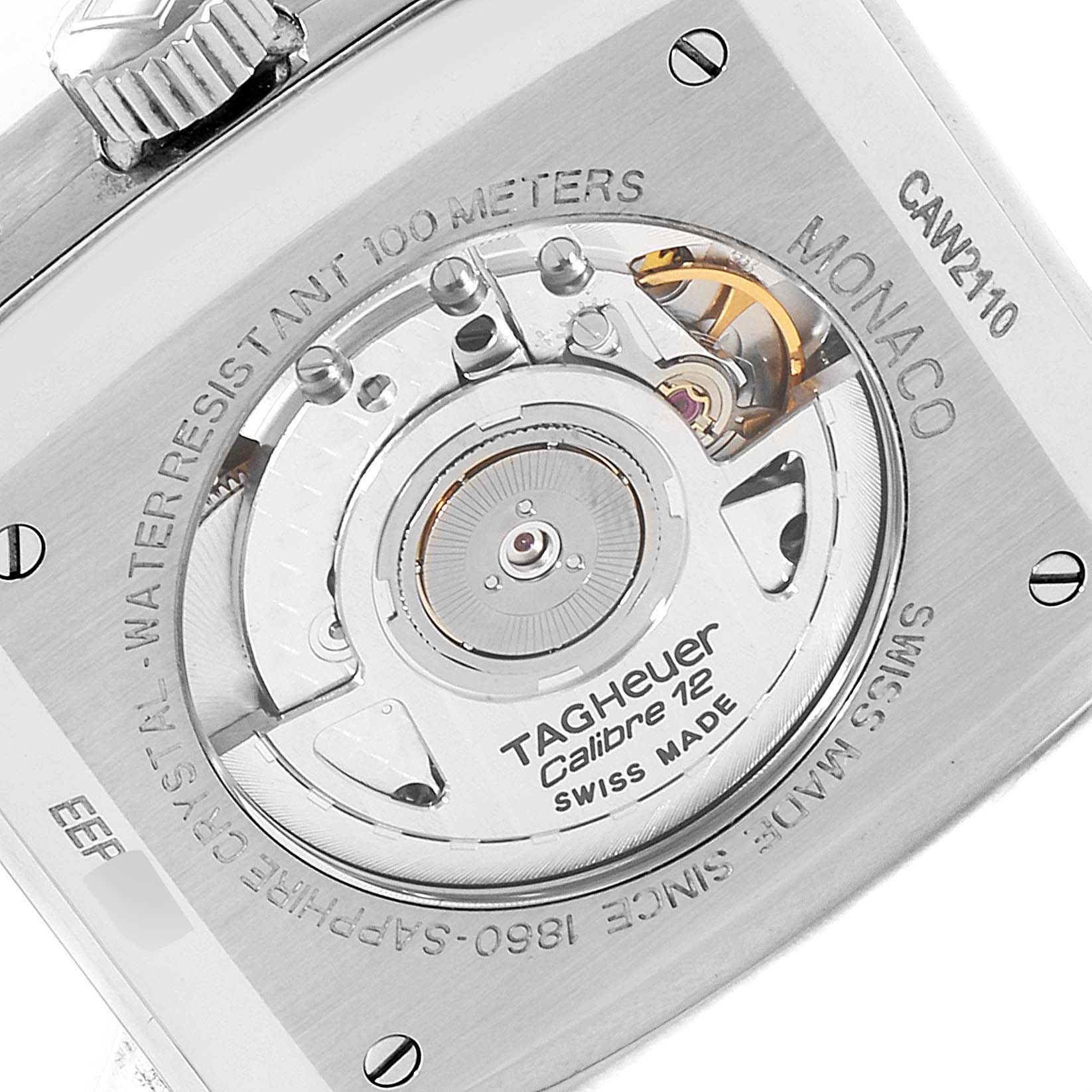 This image shows the back of a Tag Heuer Monaco CAW2110.FC6177 Men's Stainless Steel Black Dial CAW2110.FC6177 Men's Stainless Steel Black Dial watch, highlighting the movement and various engravings.