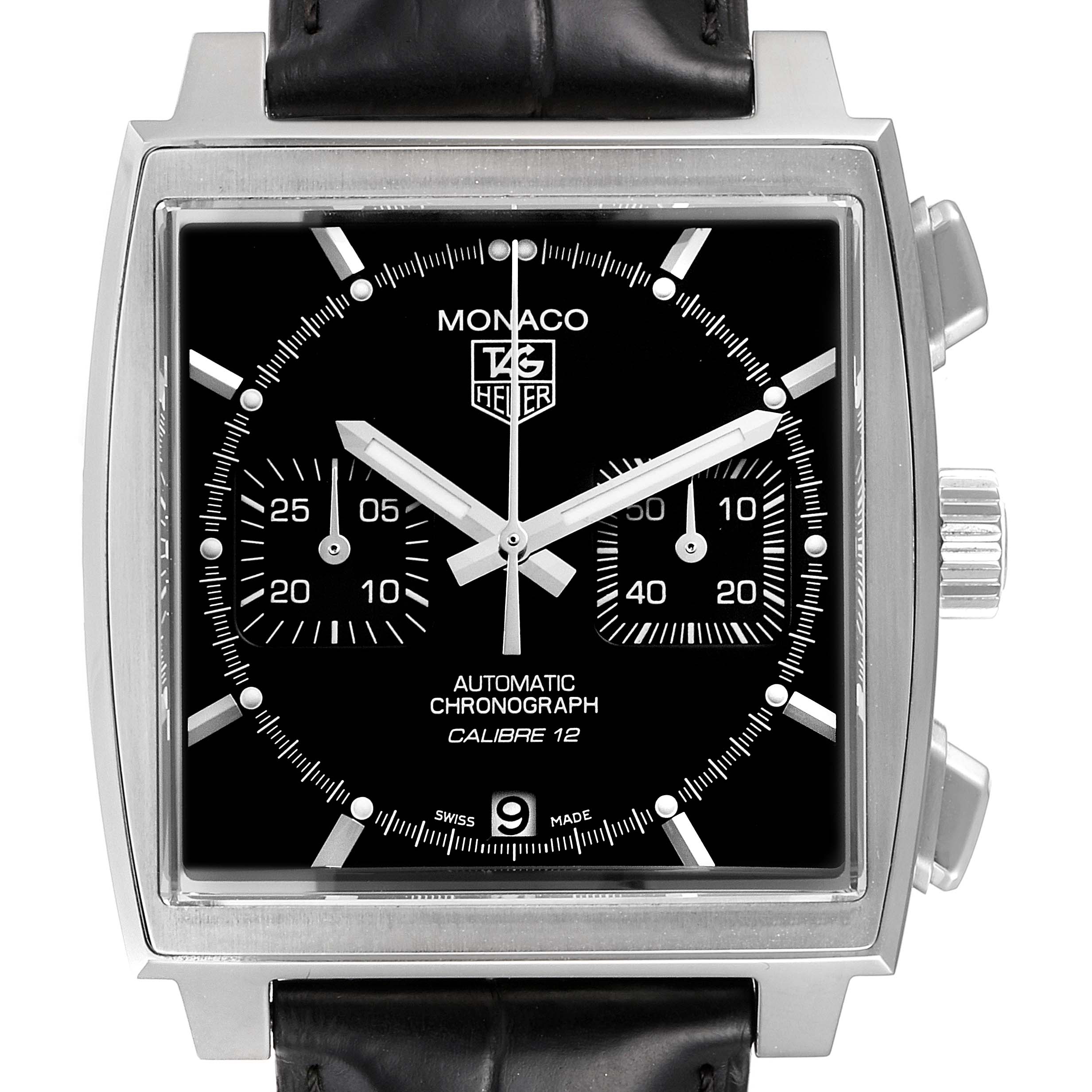 The image shows the face of a Tag Heuer Monaco CAW2110.FC6177 Men's Stainless Steel Black Dial CAW2110.FC6177 Men's Stainless Steel Black Dial watch, highlighting its square case, black dial, subdials, and black leather strap.