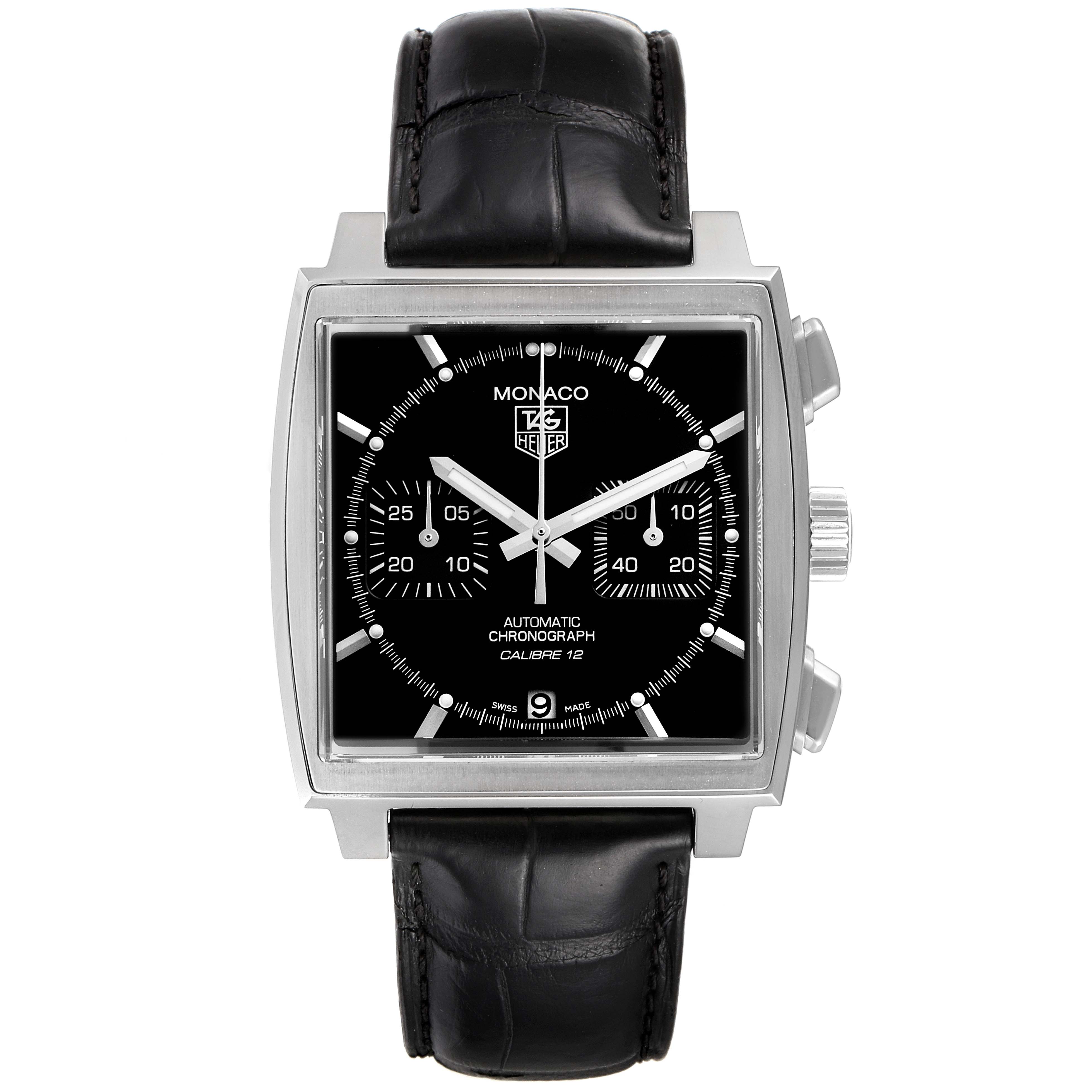 The image shows the front view of a Tag Heuer Monaco CAW2110.FC6177 Men's Stainless Steel Black Dial CAW2110.FC6177 Men's Stainless Steel Black Dial model watch, displaying its square dial, subdials, and black leather strap.