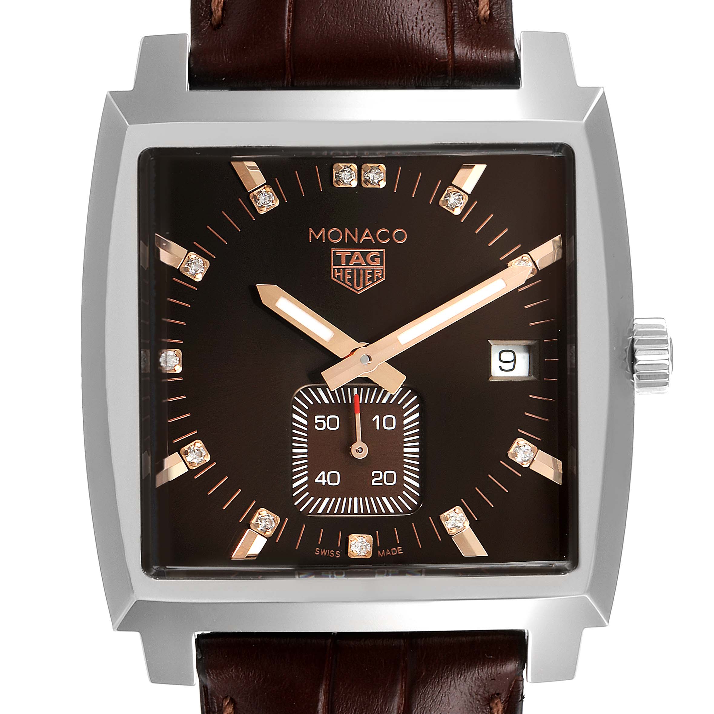 This image shows a straight front view of the Tag Heuer Monaco WAW131E.FC6420 Men's Stainless Steel Brown Dial WAW131E.FC6420 Men's Stainless Steel Brown Dial watch, highlighting its square face, brown dial, and date display.