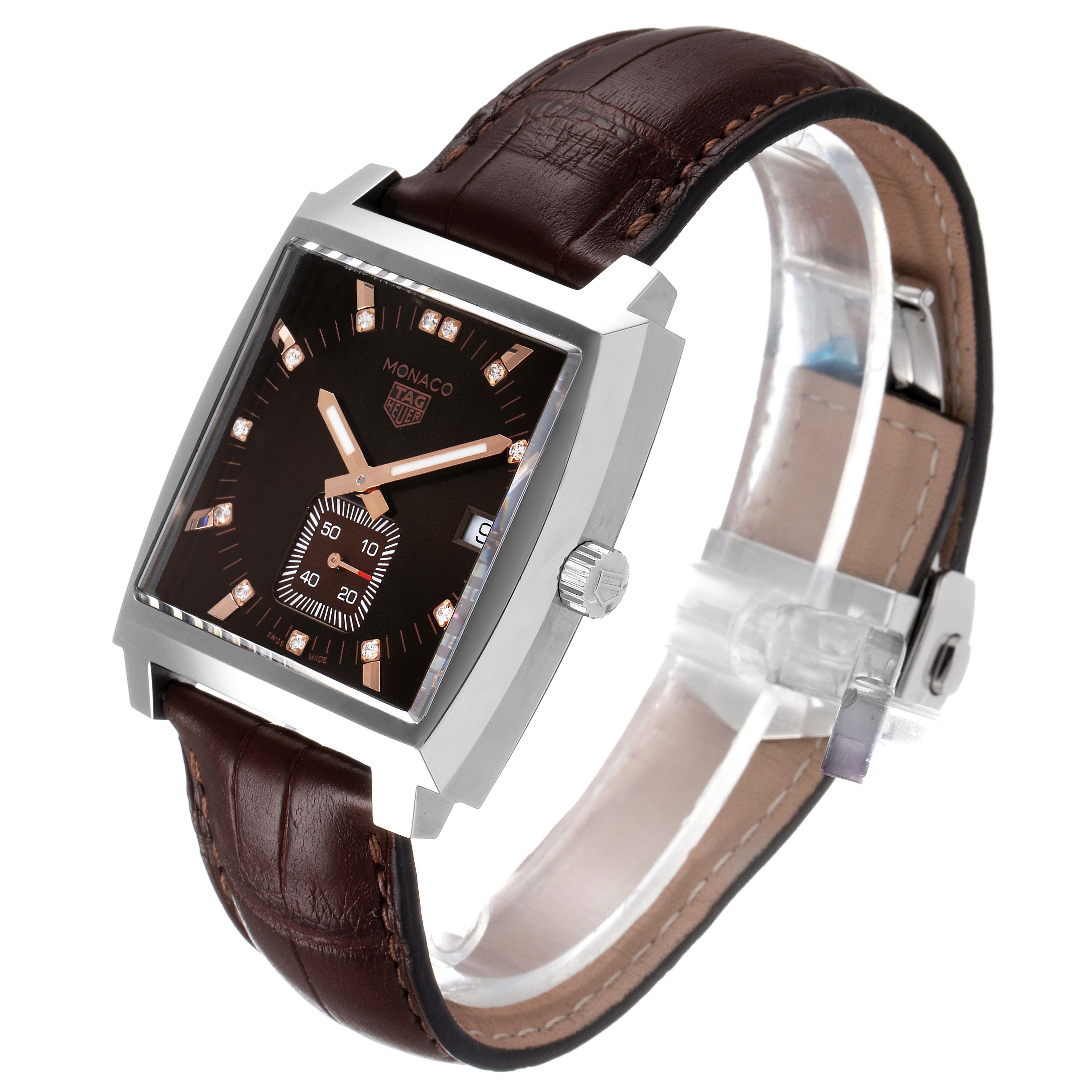 The image shows a Tag Heuer Monaco WAW131E.FC6420 Men's Stainless Steel Brown Dial WAW131E.FC6420 Men's Stainless Steel Brown Dial watch angled to display the face, side crown, and brown leather strap.