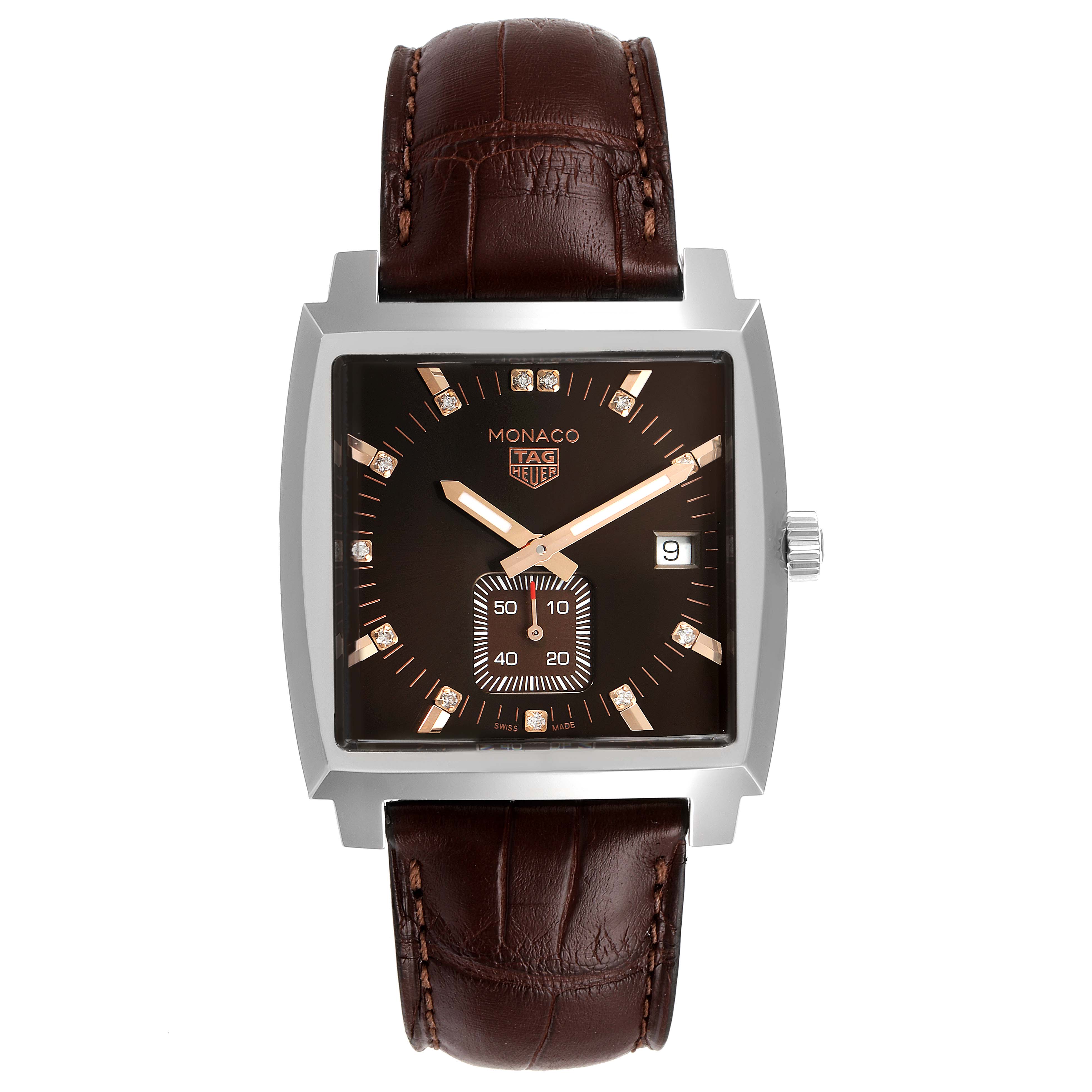 The Tag Heuer Monaco WAW131E.FC6420 Men's Stainless Steel Brown Dial WAW131E.FC6420 Men's Stainless Steel Brown Dial watch is shown from a top-down angle, highlighting its square face, brown dial, and leather strap.