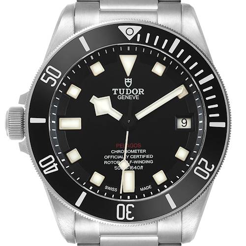 The Tudor Pelagos M25610TNL-0001 Men's Titanium Black Dial watch is shown from a front view, displaying the face, bezel, and part of the bracelet.