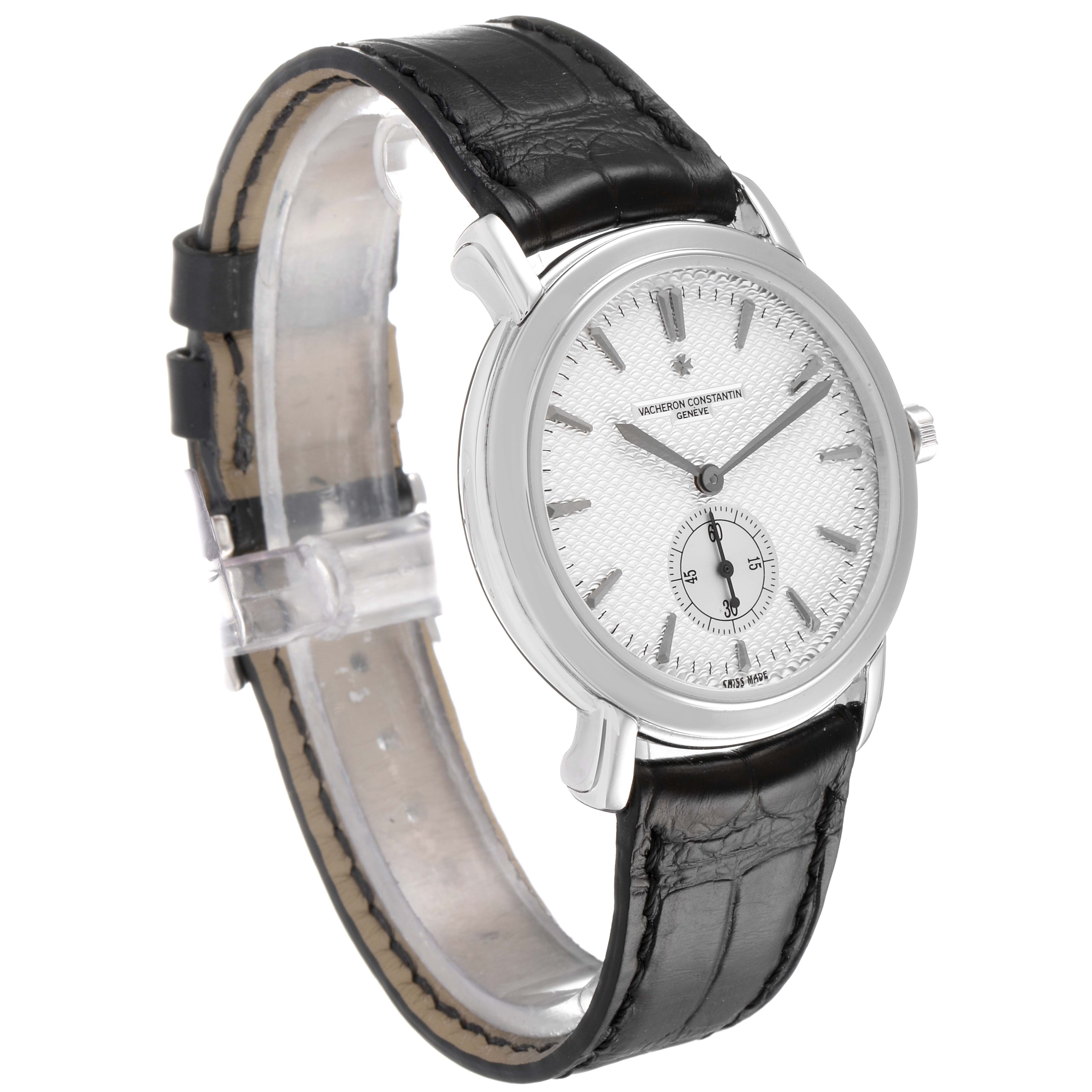 The image shows a Vacheron Constantin Malte 81000/000G-9107 Men's White Gold Silver Dial 81000/000G-9107 Men's White Gold Silver Dial watch at a slight angle, highlighting the dial, case, and black leather strap.