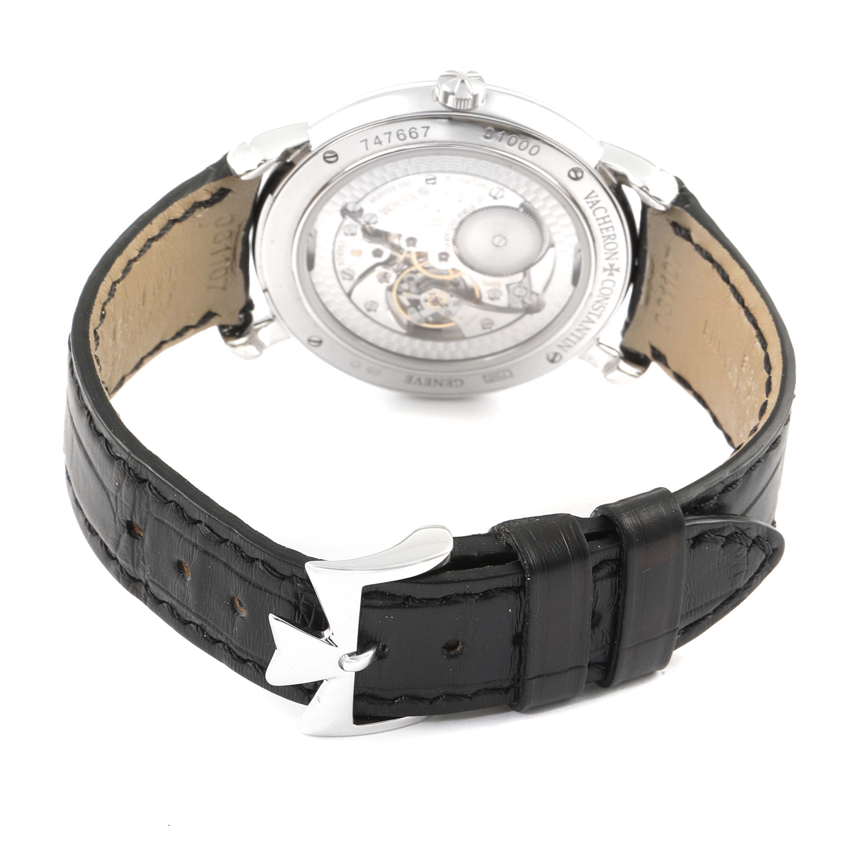 The image shows the rear view of the Vacheron Constantin Malte 81000/000G-9107 Men's White Gold Silver Dial 81000/000G-9107 Men's White Gold Silver Dial watch, highlighting the movement and black leather strap with a buckle.