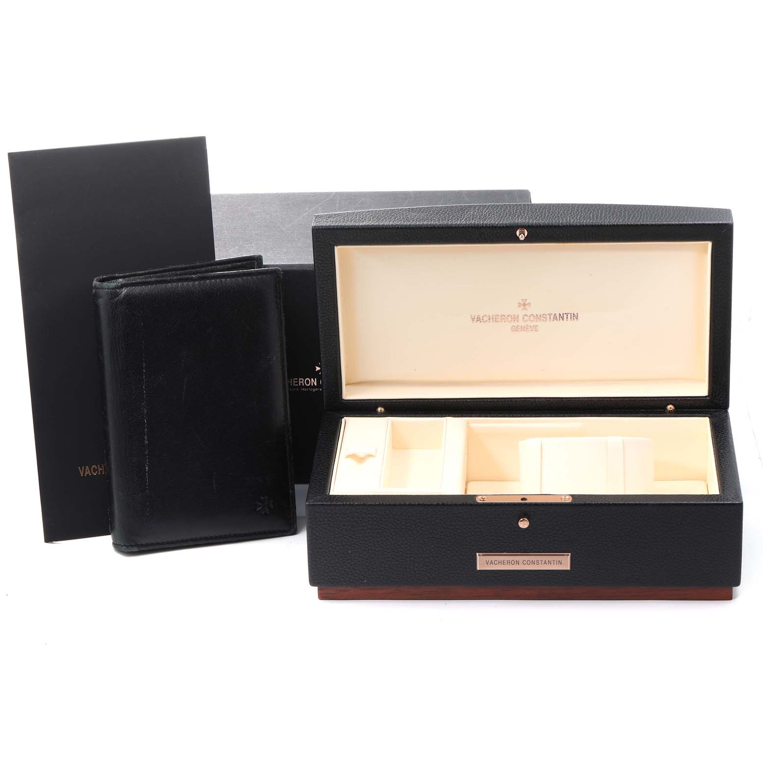 The image shows the packaging and accessories for a Vacheron Constantin Malte 81000/000G-9107 Men's White Gold Silver Dial 81000/000G-9107 Men's White Gold Silver Dial watch, including a watch box, booklet, and leather case.