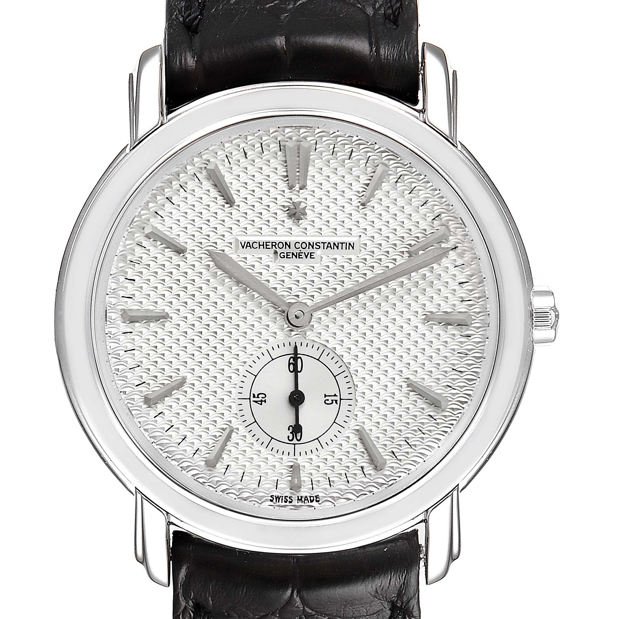 This is a front view of a Vacheron Constantin Malte 81000/000G-9107 Men's White Gold Silver Dial 81000/000G-9107 Men's White Gold Silver Dial model watch, showcasing its dial, hour markers, hands, and leather strap.