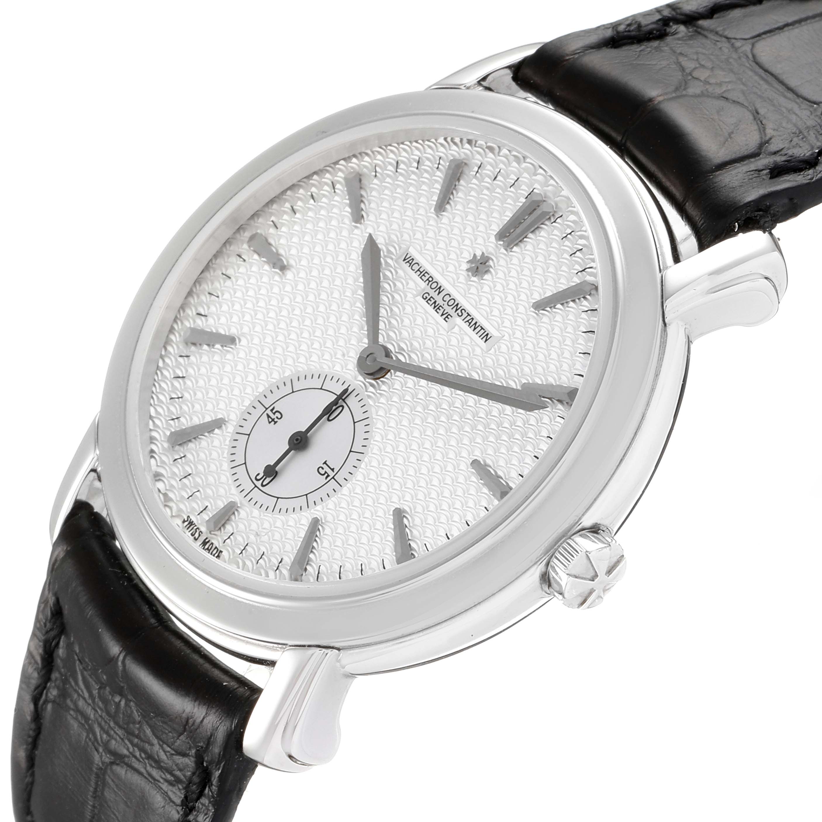 The image shows a Vacheron Constantin Malte 81000/000G-9107 Men's White Gold Silver Dial 81000/000G-9107 Men's White Gold Silver Dial watch, highlighting the face, dial, crown, and part of the black leather strap at a slight angle.