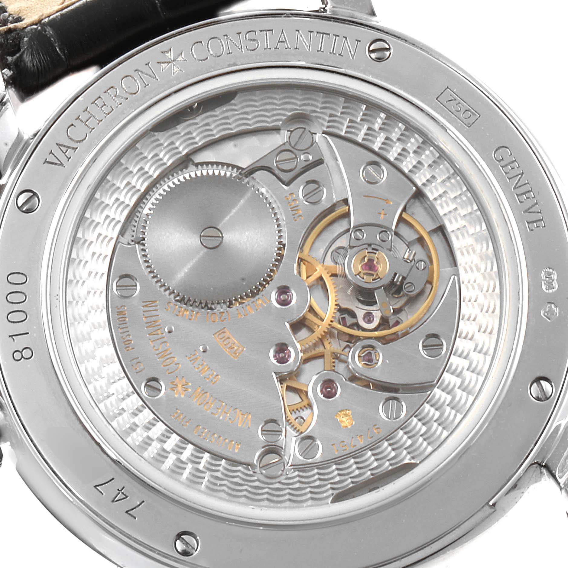 The image shows the back of the Vacheron Constantin Malte 81000/000G-9107 Men's White Gold Silver Dial 81000/000G-9107 Men's White Gold Silver Dial model watch, revealing its intricate mechanical movement.