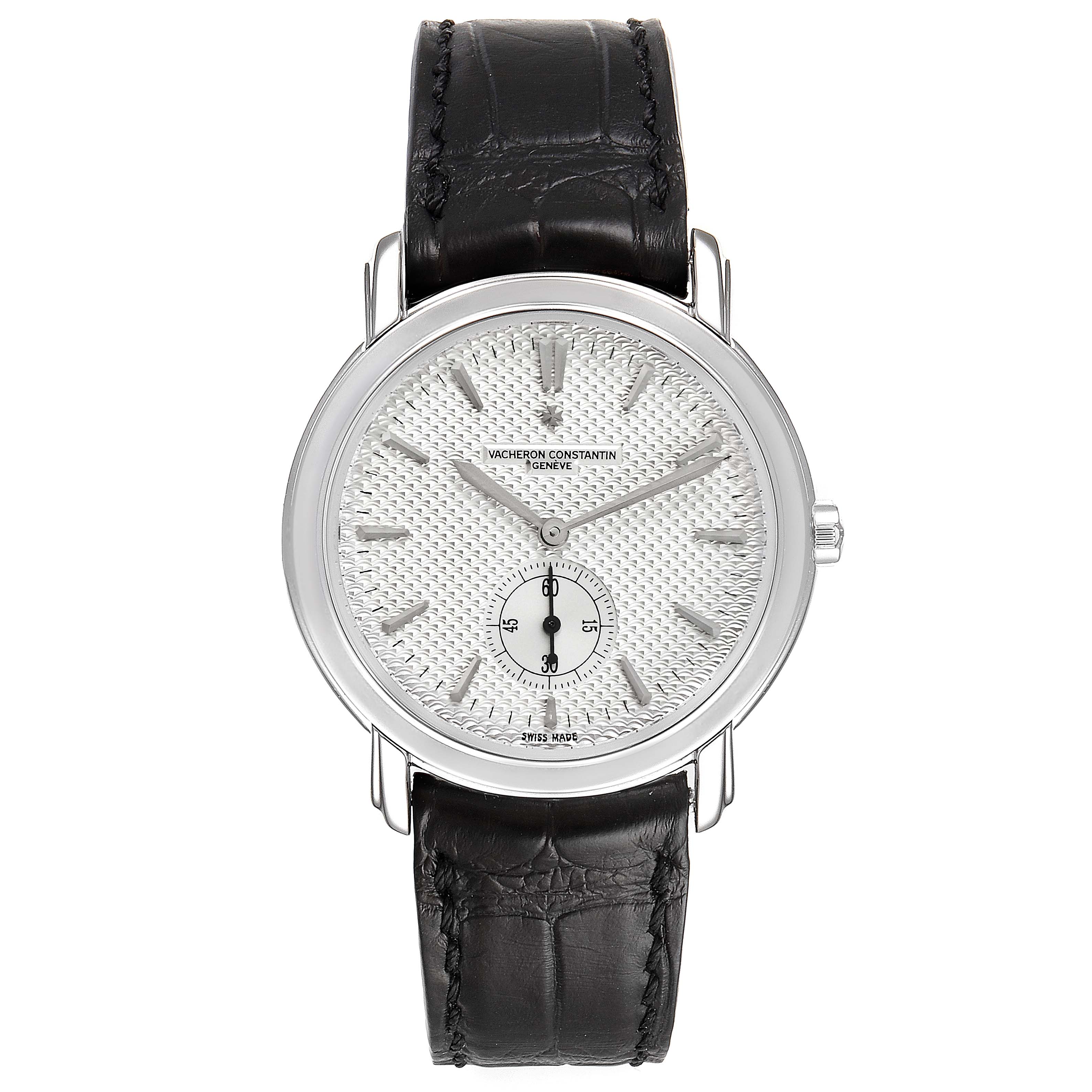 The image shows a front view of a Vacheron Constantin Malte 81000/000G-9107 Men's White Gold Silver Dial 81000/000G-9107 Men's White Gold Silver Dial watch, highlighting its face, hands, and black leather strap.