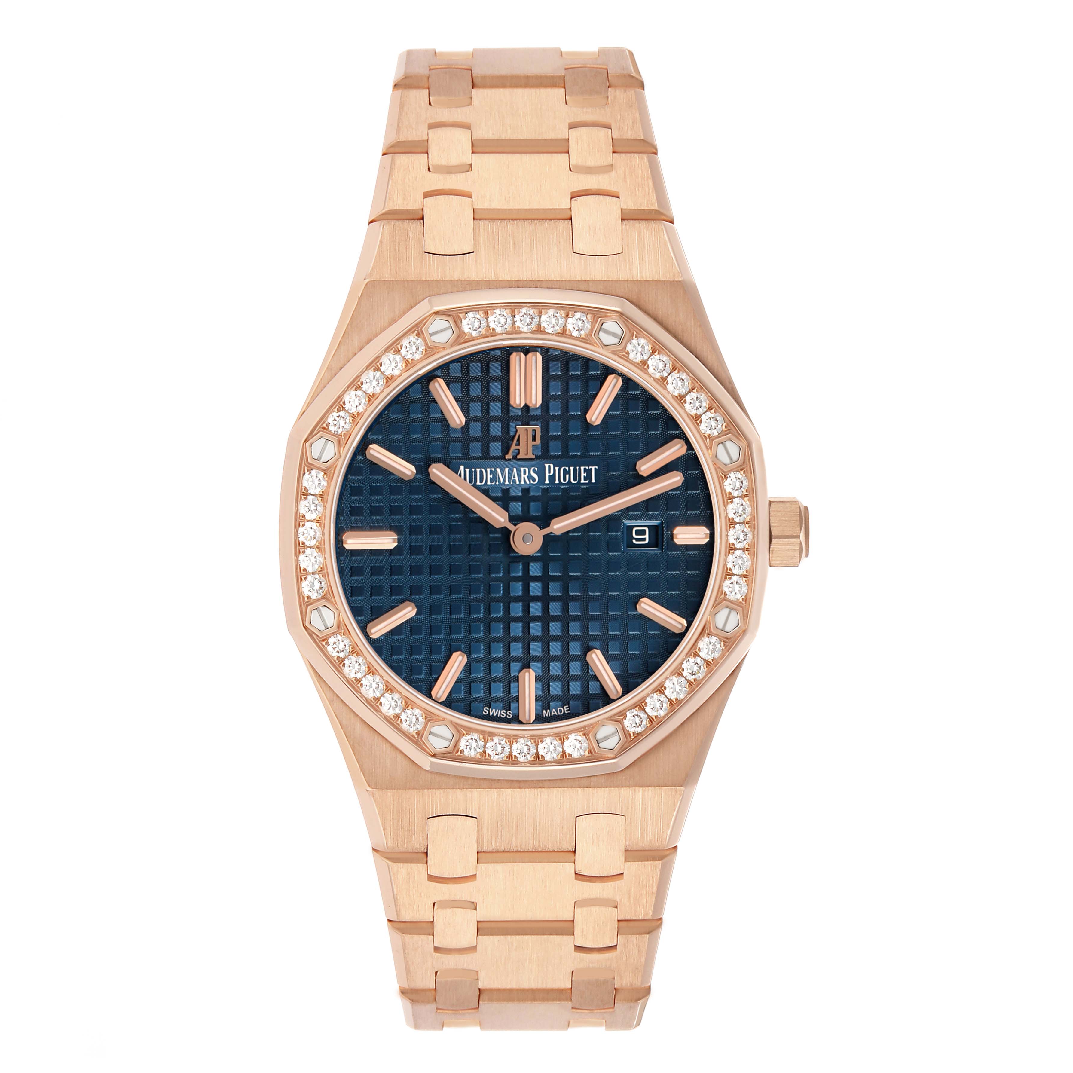 The Audemars Piguet Royal Oak 67651OR.ZZ.1261OR.02 Women's Rose Gold Blue Dial watch is shown from a top view, highlighting the dial, bezel, and a portion of the bracelet.