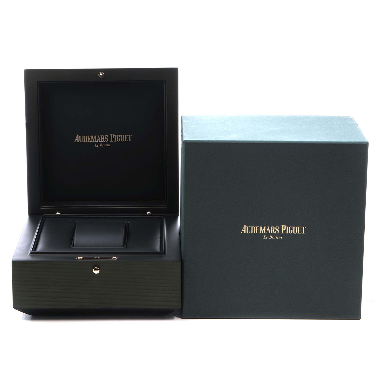 The image shows the Audemars Piguet Royal Oak 67651OR.ZZ.1261OR.02 Women's Rose Gold Blue Dial watch box from the front, with the box open and sleeve beside it.