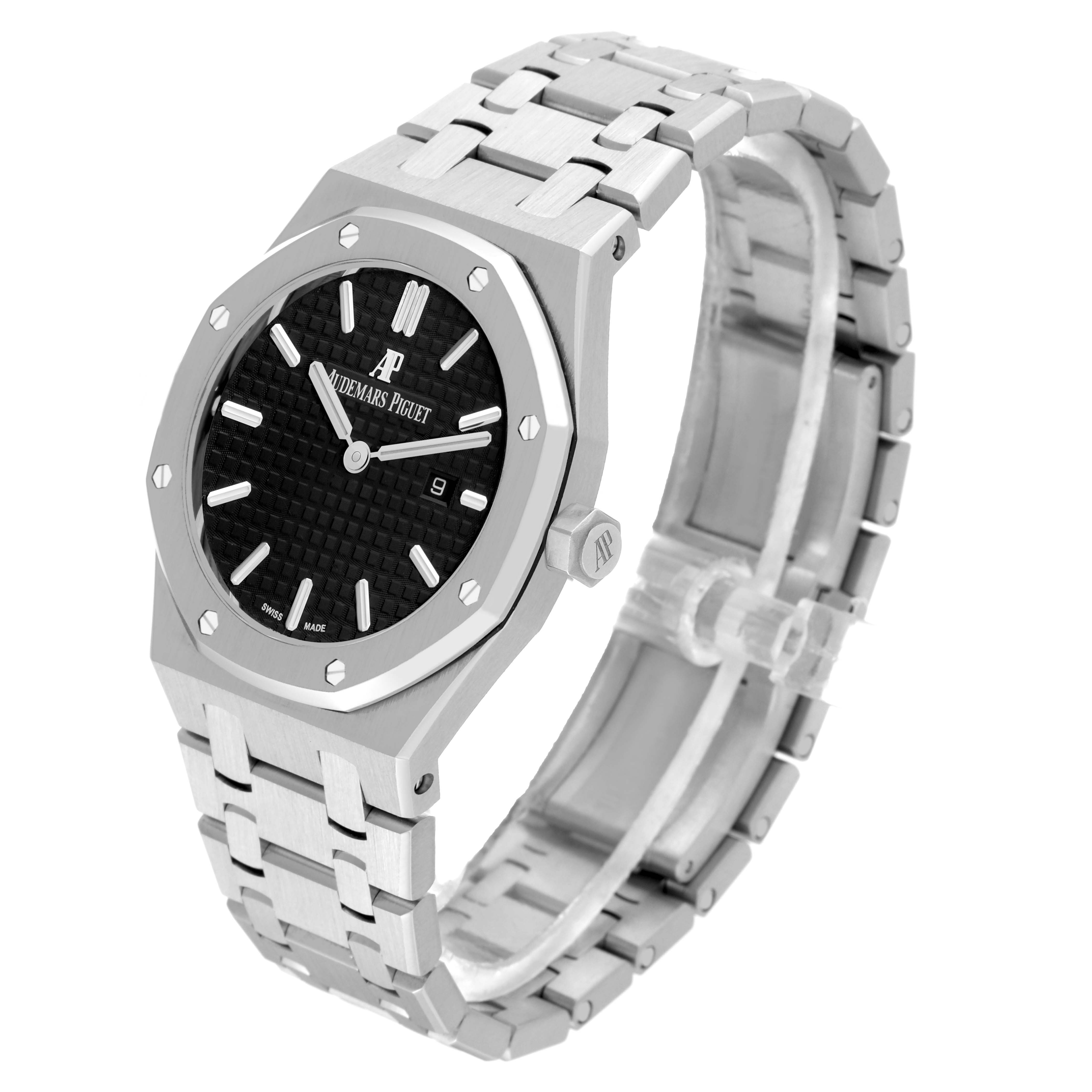 This image shows an angled front view of an Audemars Piguet Royal Oak 67650ST Women's Stainless Steel Black Dial 67650ST Women's Stainless Steel Black Dial watch, highlighting its bracelet, bezel, and dial.