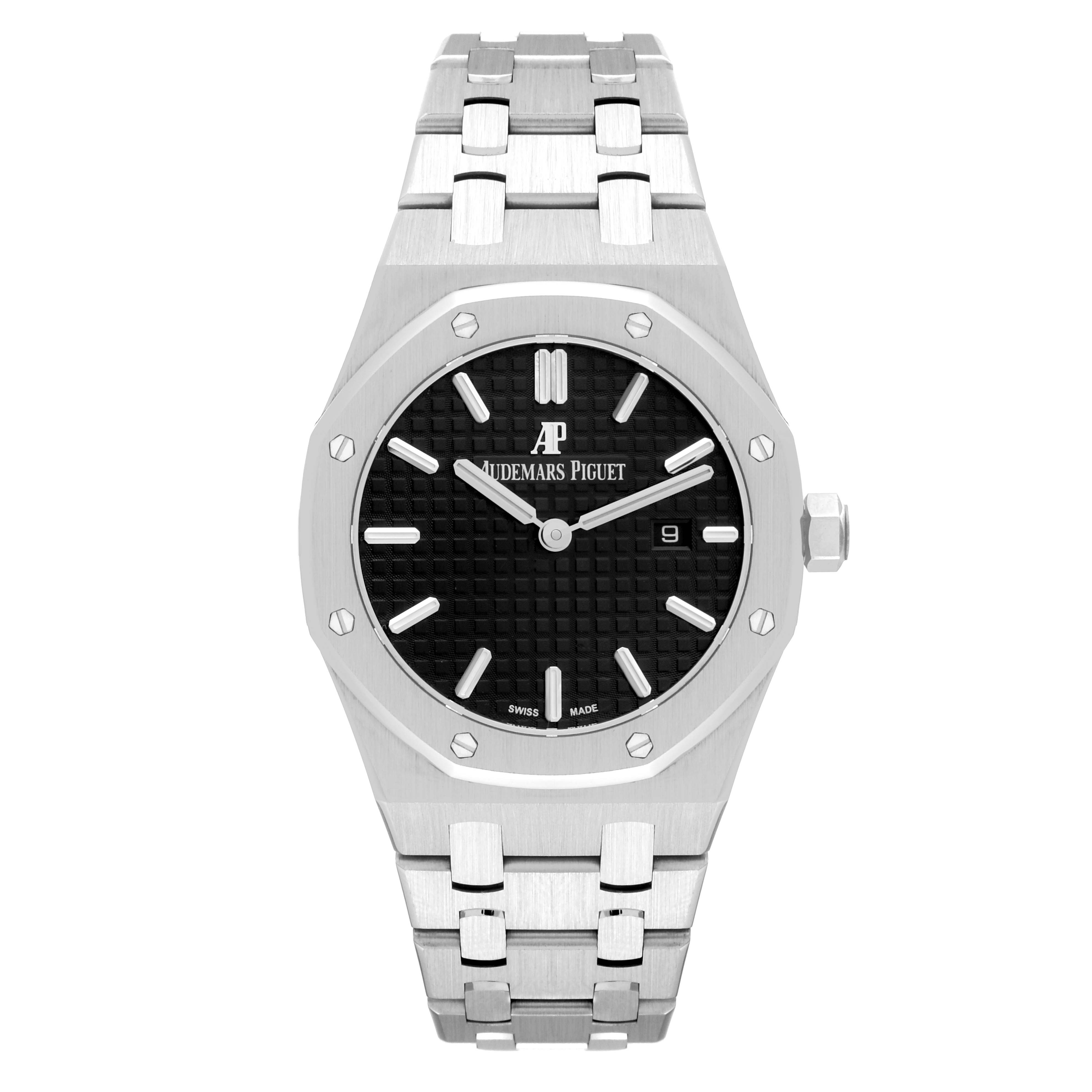The image shows a front view of the Audemars Piguet Royal Oak 67650ST Women's Stainless Steel Black Dial 67650ST Women's Stainless Steel Black Dial watch, highlighting its black dial, octagonal bezel, and stainless steel bracelet.