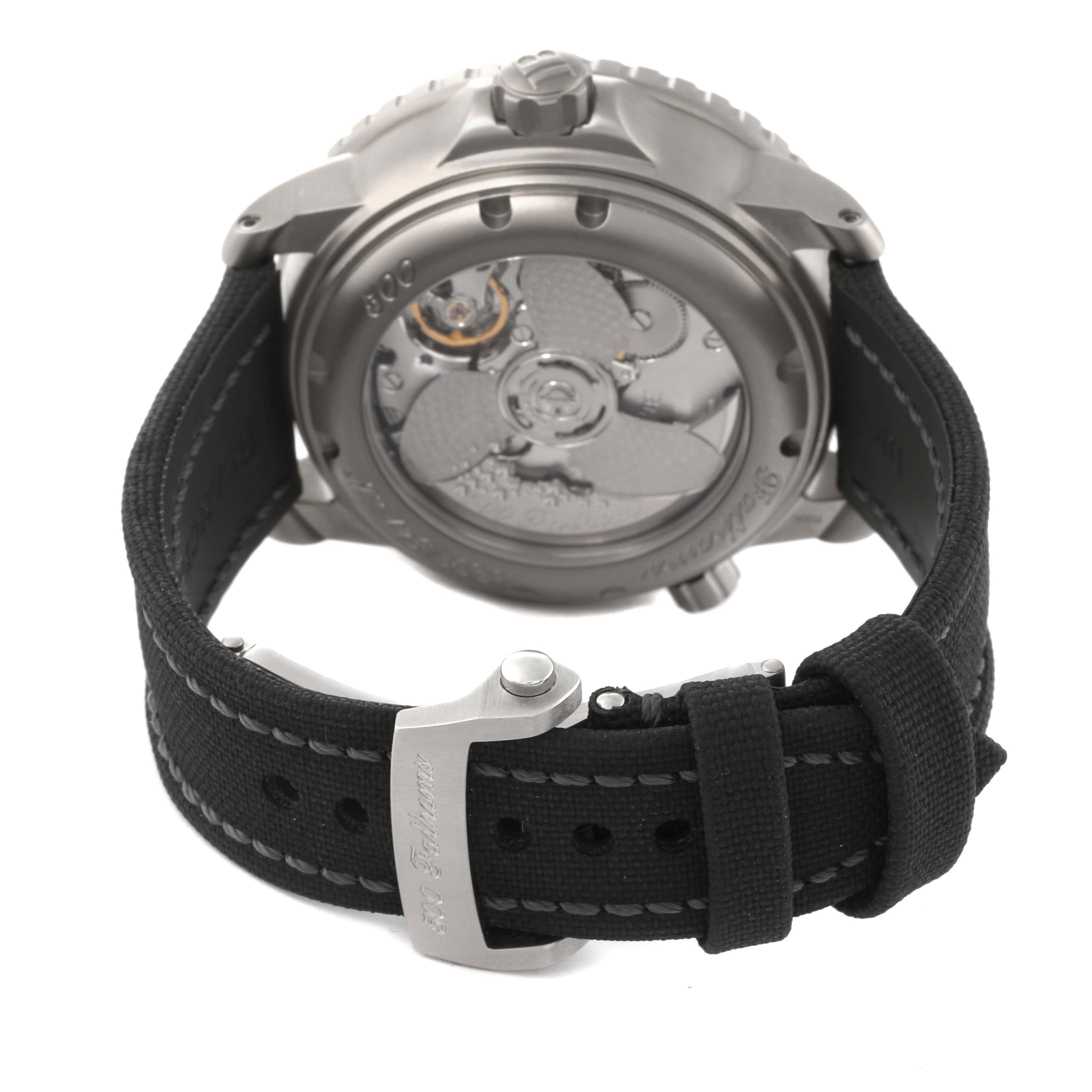 The image shows the back case and buckle of the Blancpain Fifty Fathoms 50021-12B30-52B Men's Titanium Black Dial 50021-12B30-52B Men's Titanium Black Dial watch.