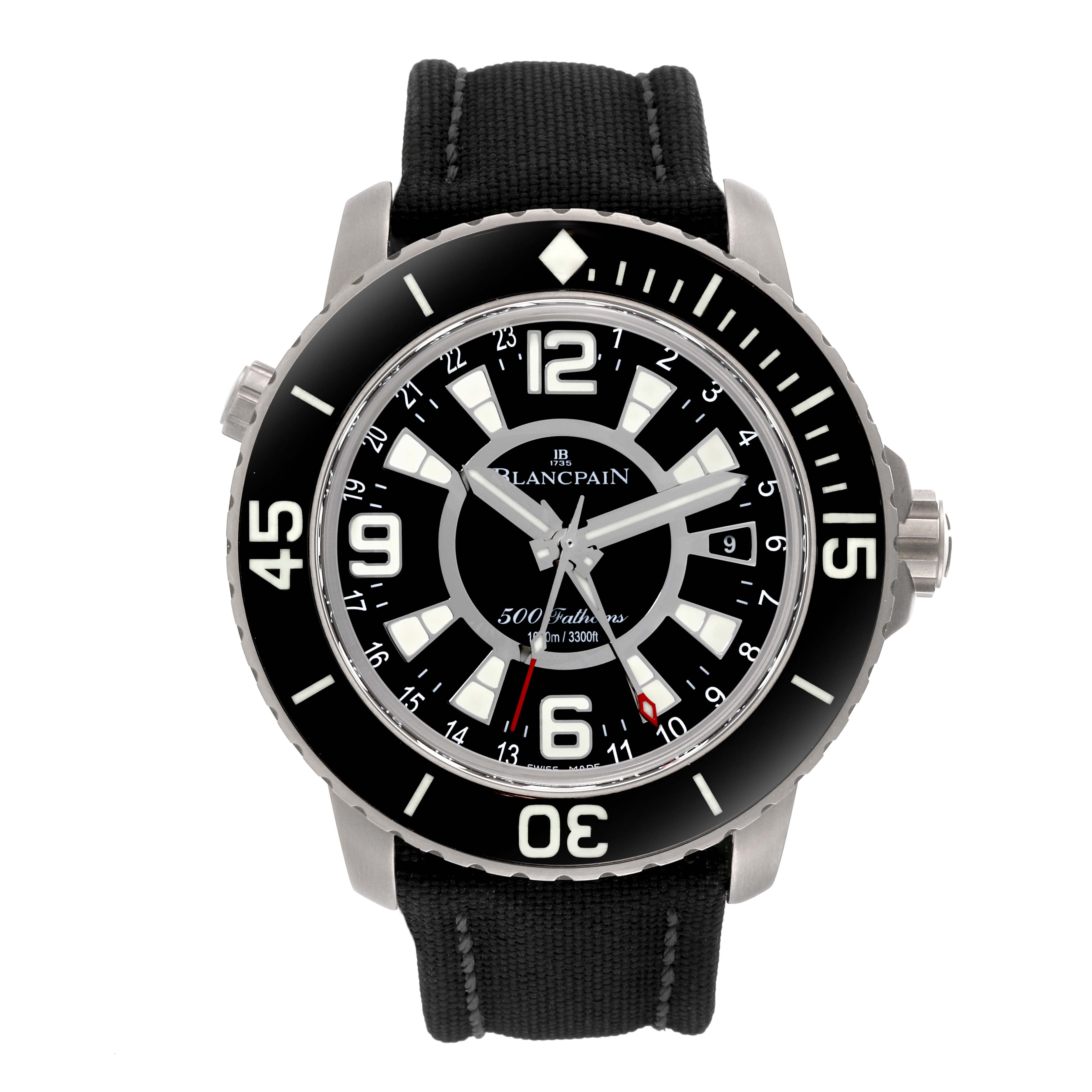 The image shows a front view of the Blancpain Fifty Fathoms 50021-12B30-52B Men's Titanium Black Dial 50021-12B30-52B Men's Titanium Black Dial watch, featuring its black dial, bezel, and black strap.