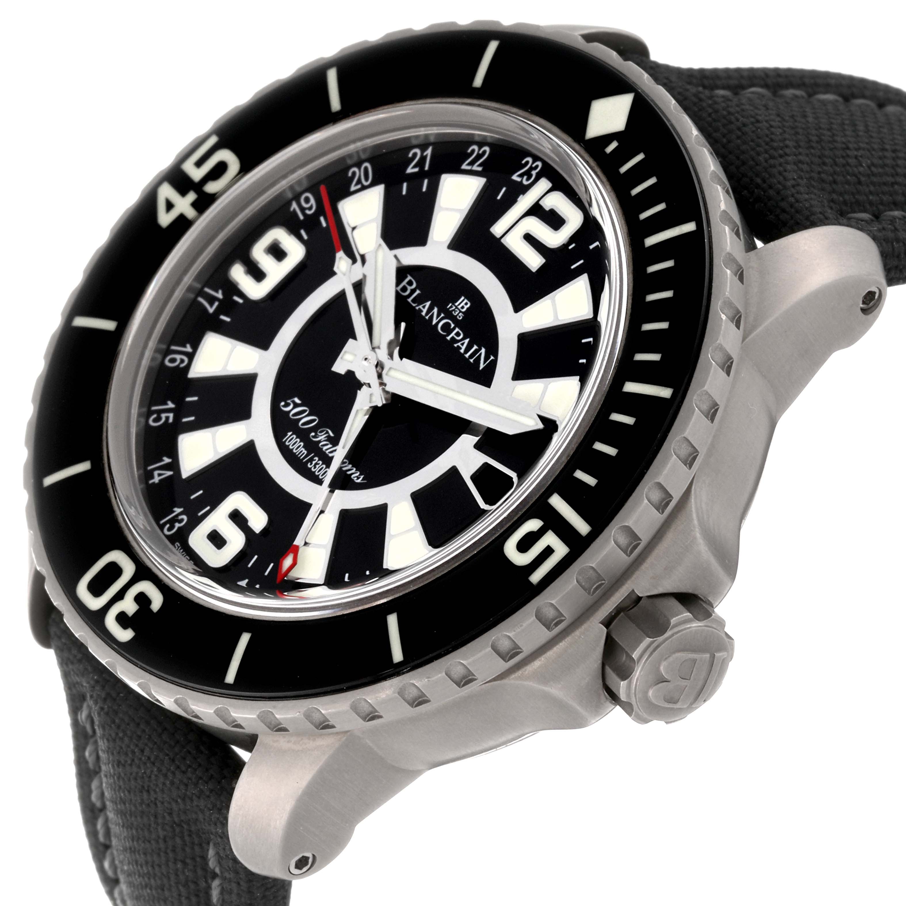 This Blancpain Fifty Fathoms 50021-12B30-52B Men's Titanium Black Dial 50021-12B30-52B Men's Titanium Black Dial watch is shown at an angle highlighting the bezel, crown, and part of the strap.