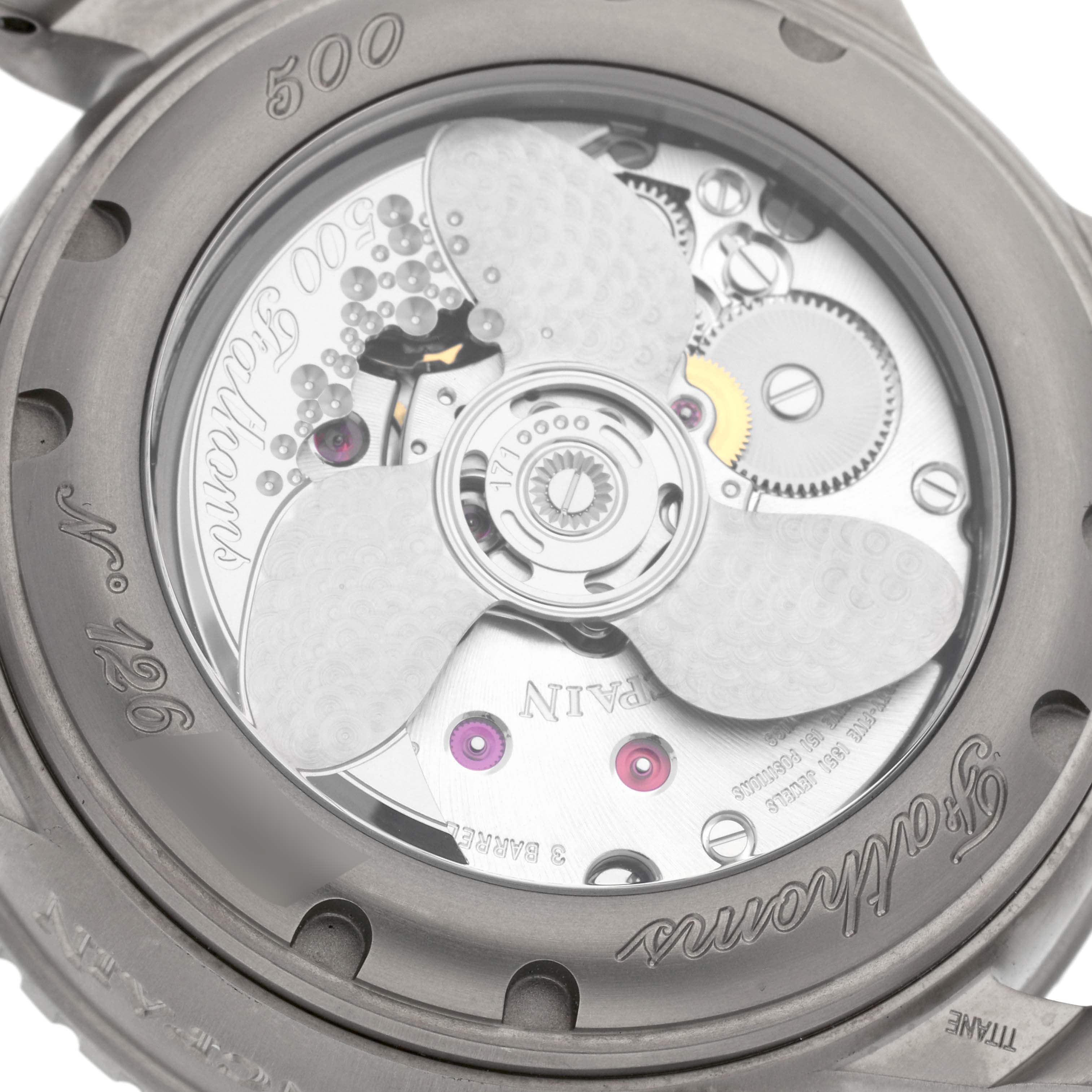 The image shows the intricate backside and movement mechanism of the Blancpain Fifty Fathoms 50021-12B30-52B Men's Titanium Black Dial 50021-12B30-52B Men's Titanium Black Dial watch.