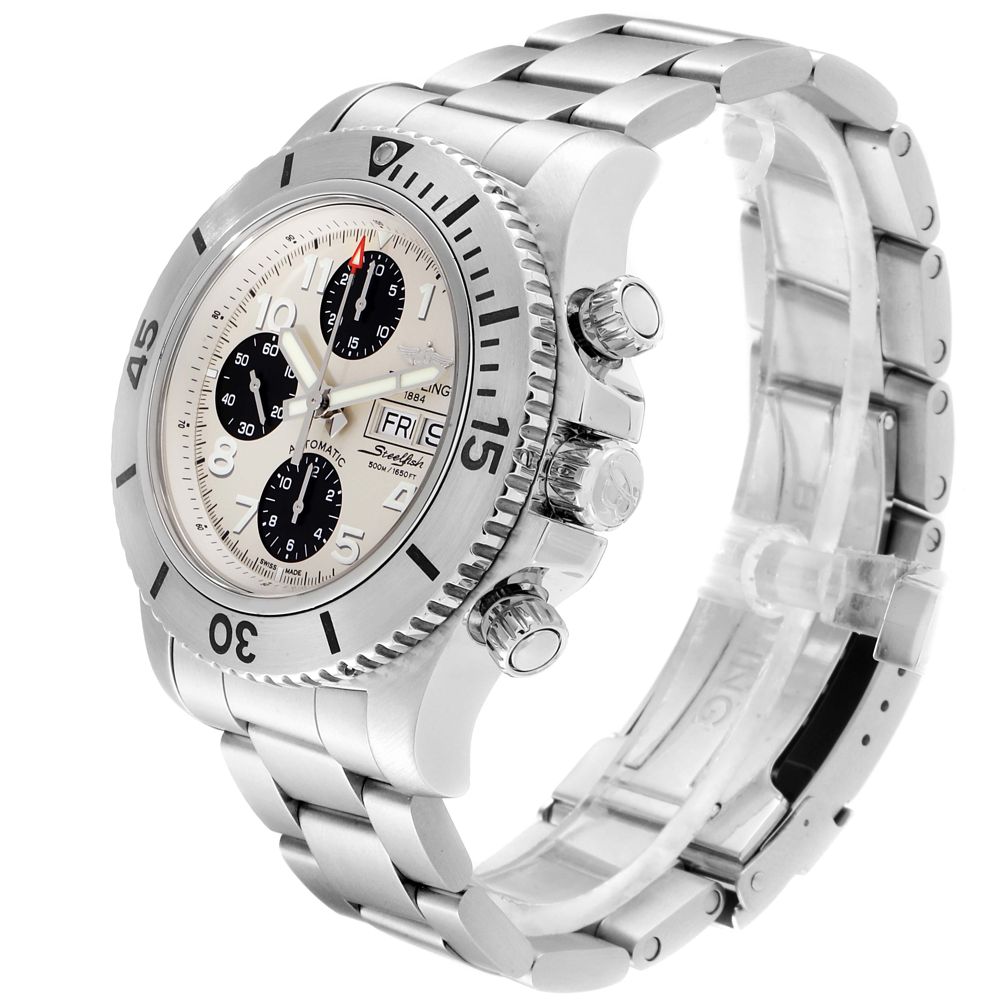 The image shows a Breitling Superocean A13341C3/BD19 Men's Stainless Steel White Dial A13341C3/BD19 Men's Stainless Steel White Dial watch at a three-quarter angle, highlighting the bezel, dial, chronograph subdials, and bracelet.