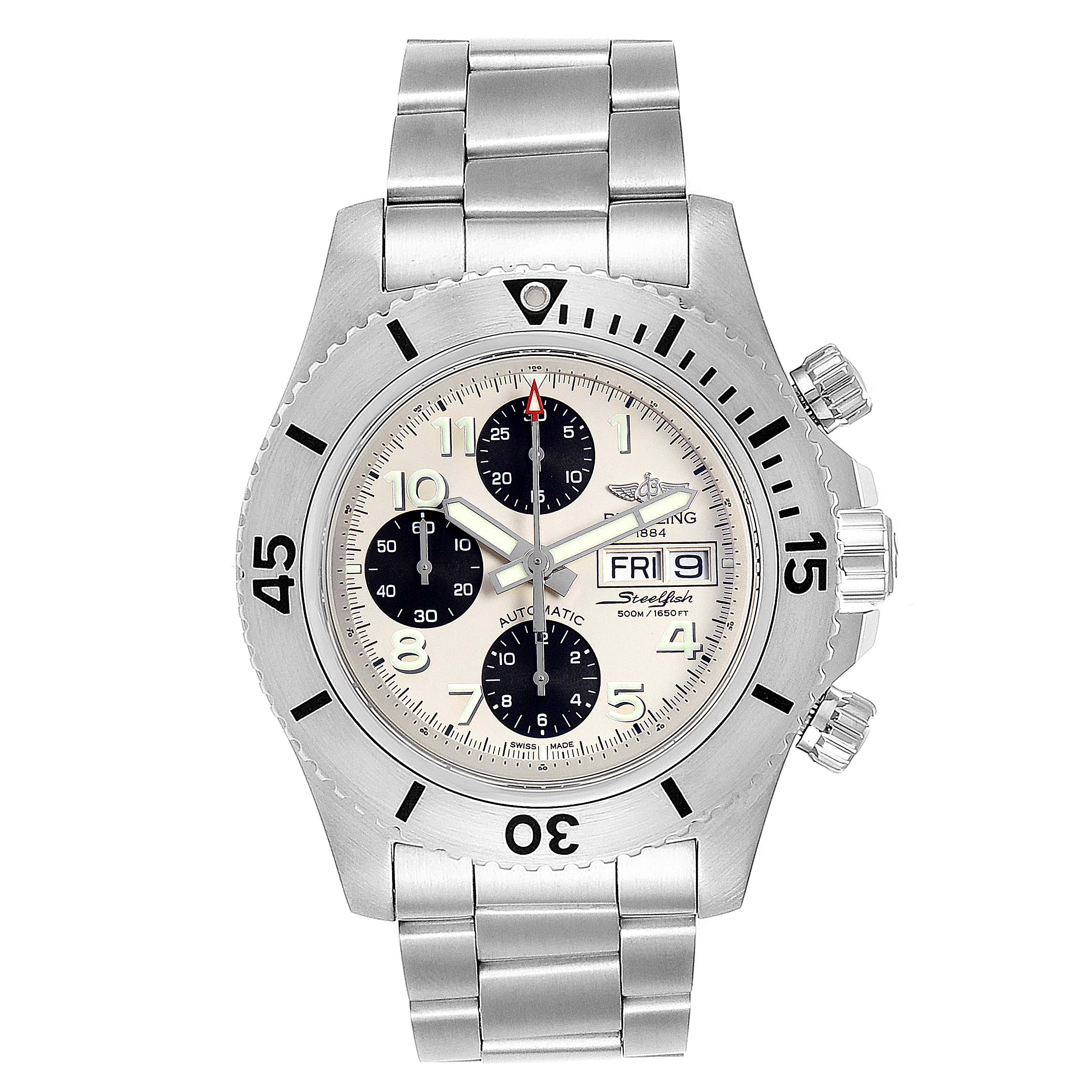 The image shows a top-down view of the Breitling Superocean A13341C3/BD19 Men's Stainless Steel White Dial A13341C3/BD19 Men's Stainless Steel White Dial watch, displaying its dial, bezel, and stainless steel bracelet.