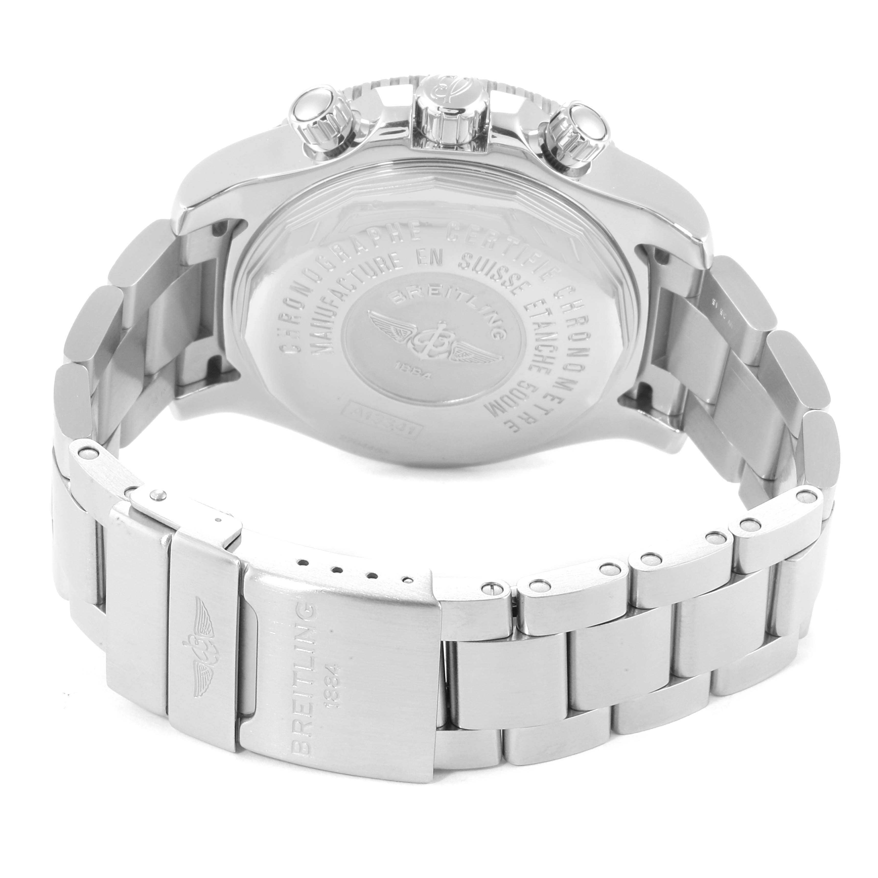 The image shows the back case and bracelet of the Breitling Superocean A13341C3/BD19 Men's Stainless Steel White Dial A13341C3/BD19 Men's Stainless Steel White Dial watch at an angled view.