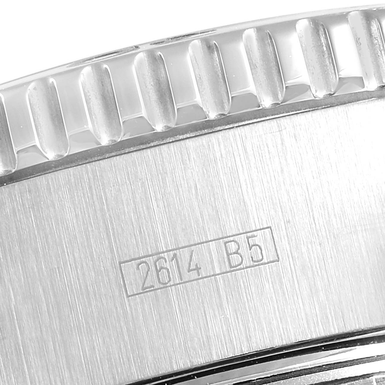 Close-up angle showing the bezel and engraved serial number of the Breitling Superocean A13341C3/BD19 Men's Stainless Steel White Dial A13341C3/BD19 Men's Stainless Steel White Dial watch.