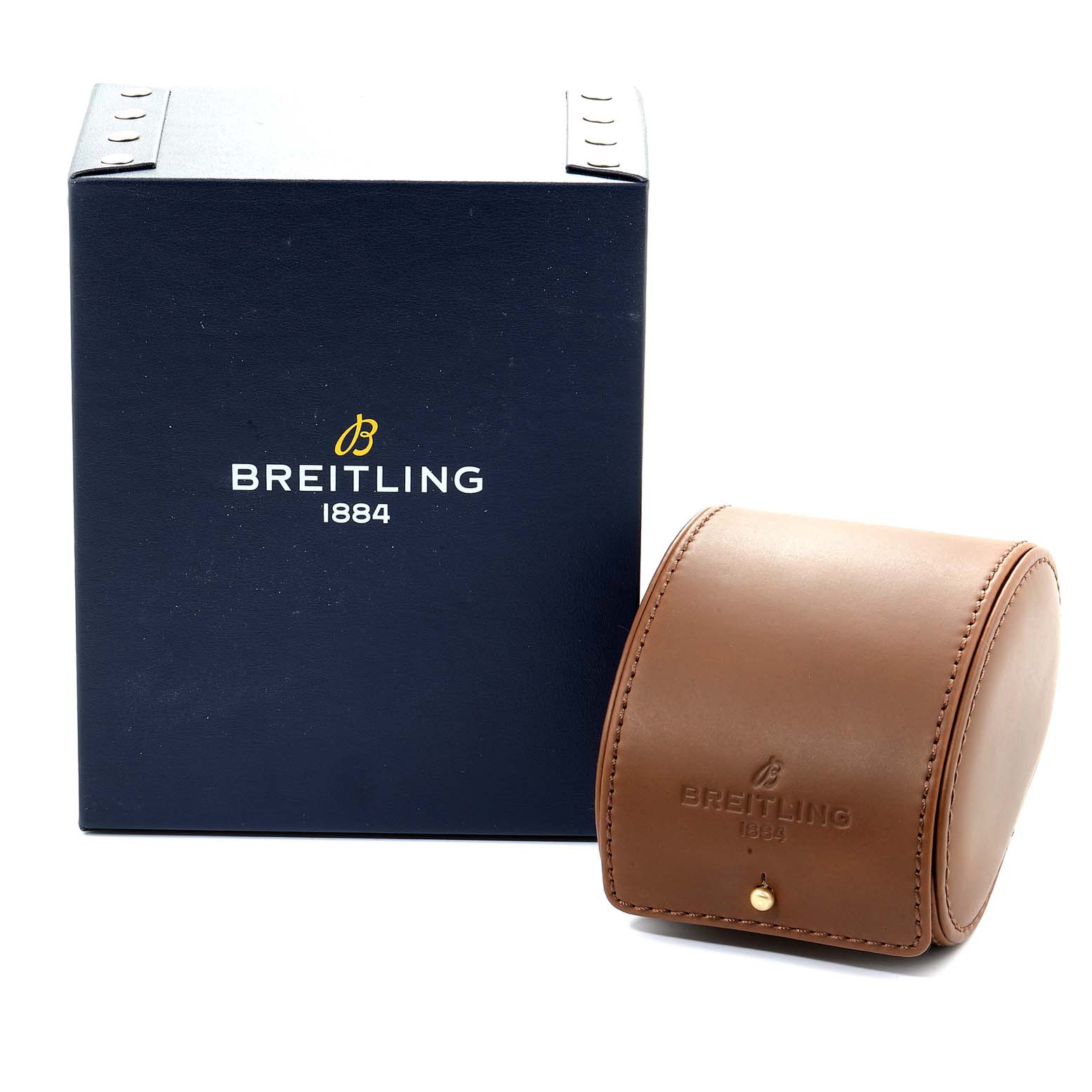 The image shows a Breitling Superocean A13341C3/BD19 Men's Stainless Steel White Dial A13341C3/BD19 Men's Stainless Steel White Dial watch case in brown leather next to a blue Breitling branded box.