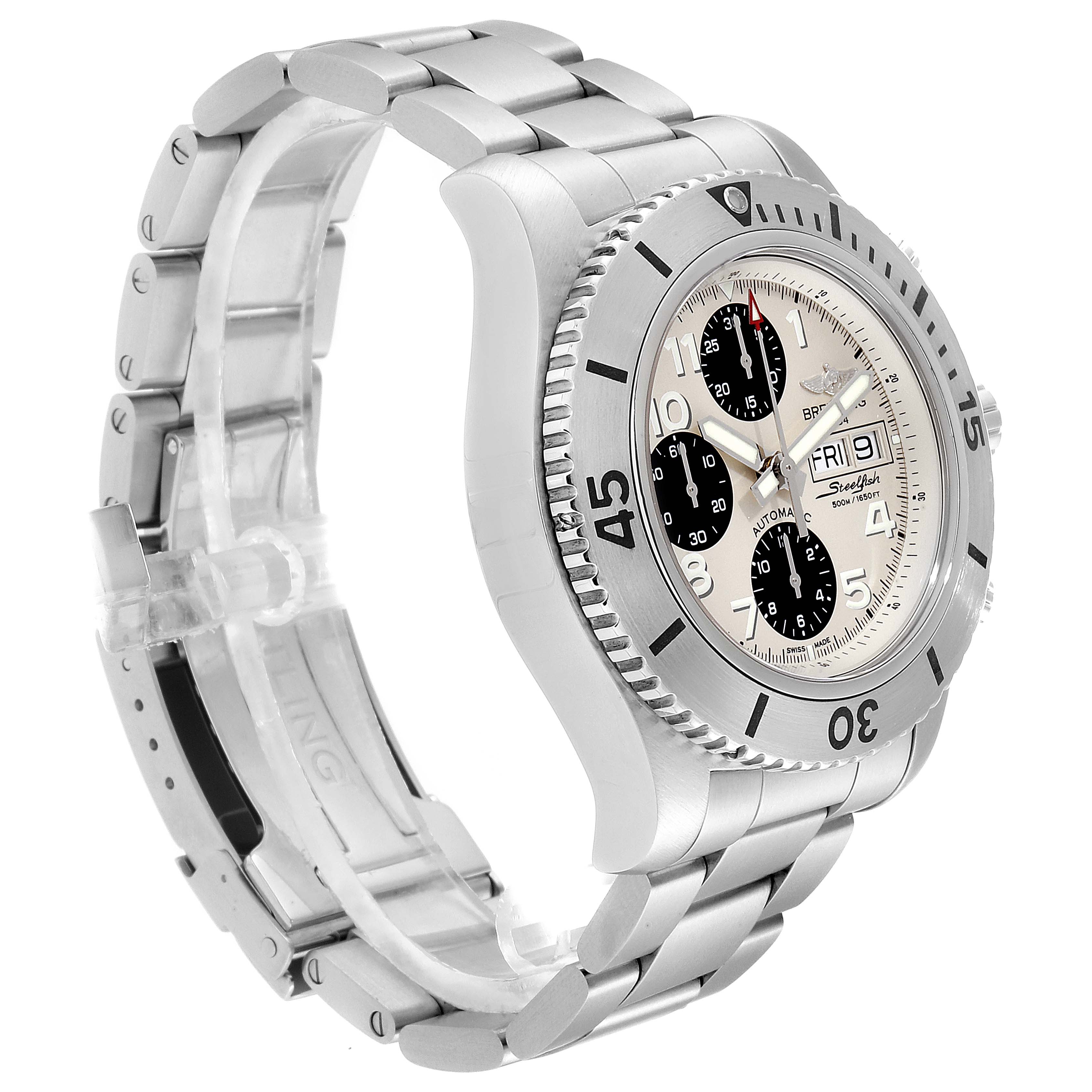 The image shows a side-angle view of a Breitling Superocean A13341C3/BD19 Men's Stainless Steel White Dial A13341C3/BD19 Men's Stainless Steel White Dial watch, focusing on its dial, bezel, and stainless steel bracelet.