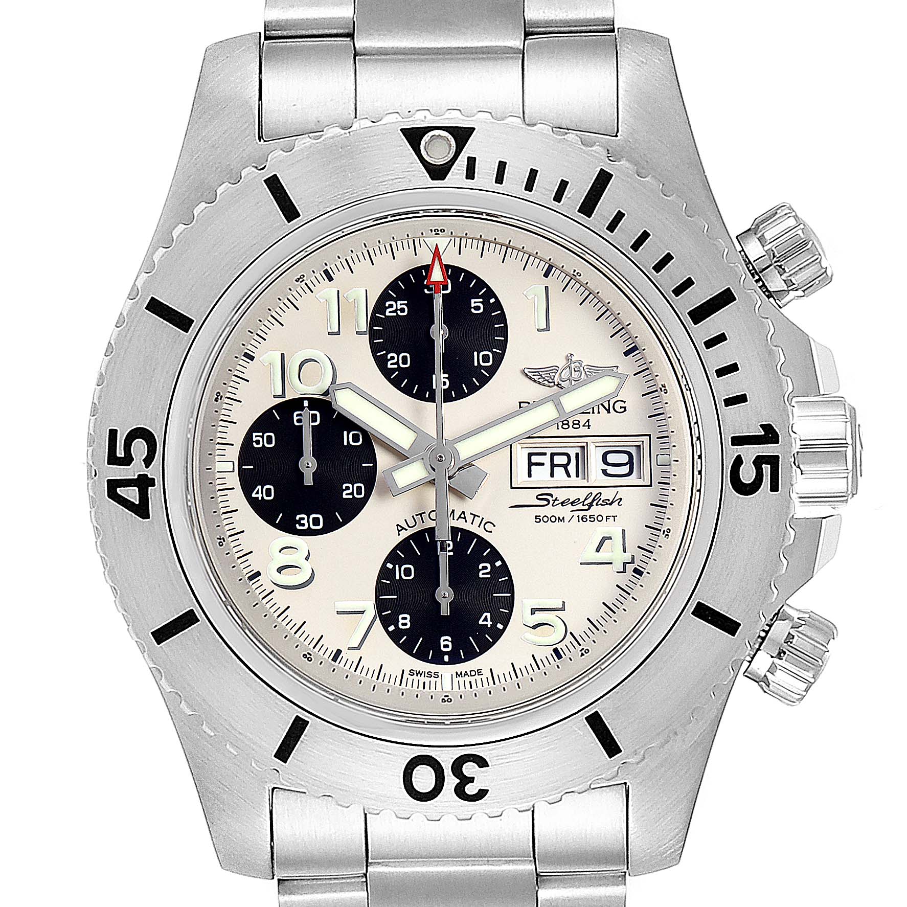This image shows a Breitling Superocean A13341C3/BD19 Men's Stainless Steel White Dial A13341C3/BD19 Men's Stainless Steel White Dial watch face from a top view, showcasing its dials, hour markers, bezel, and day-date display.
