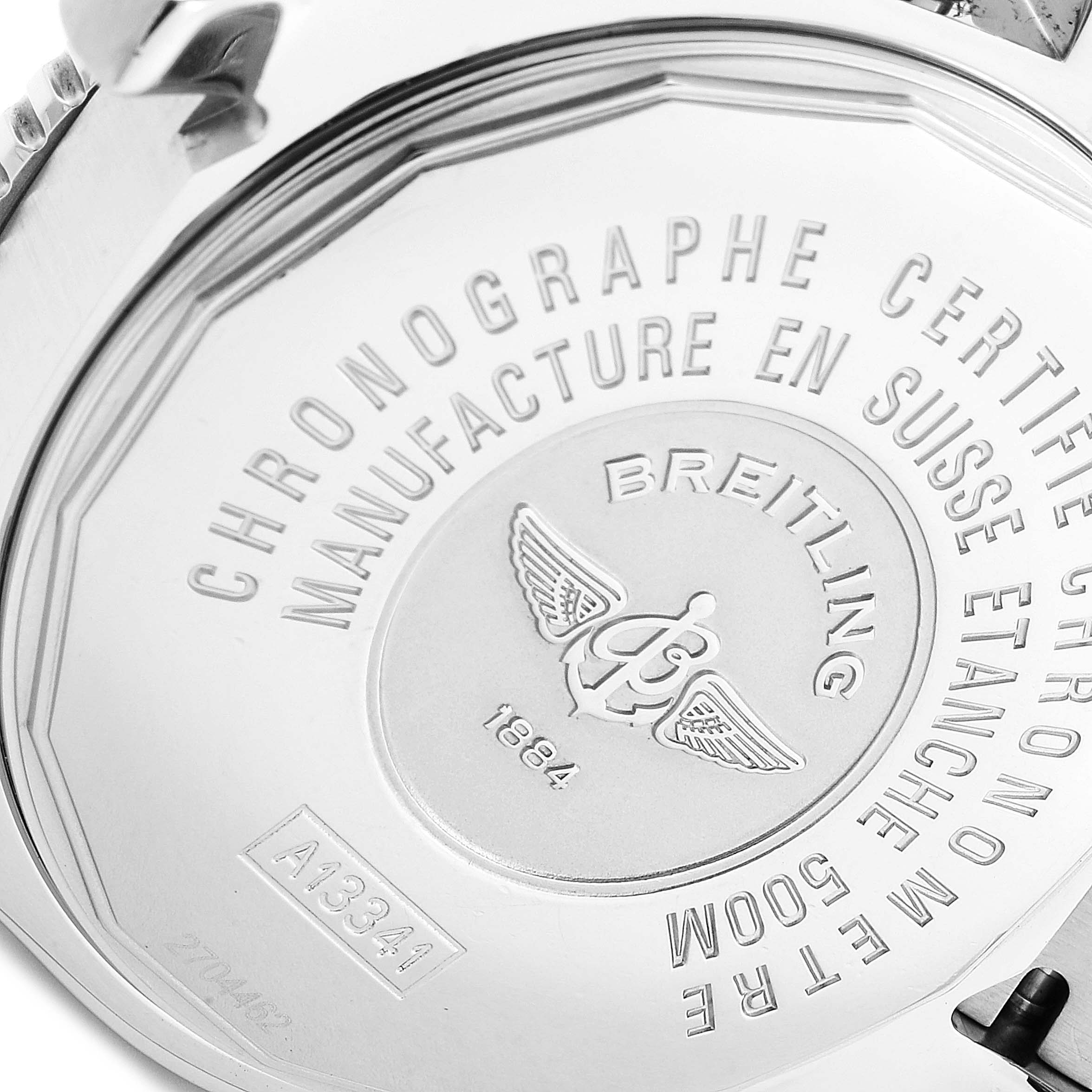 The image shows the back case of the Breitling Superocean A13341C3/BD19 Men's Stainless Steel White Dial A13341C3/BD19 Men's Stainless Steel White Dial watch featuring engraved details.