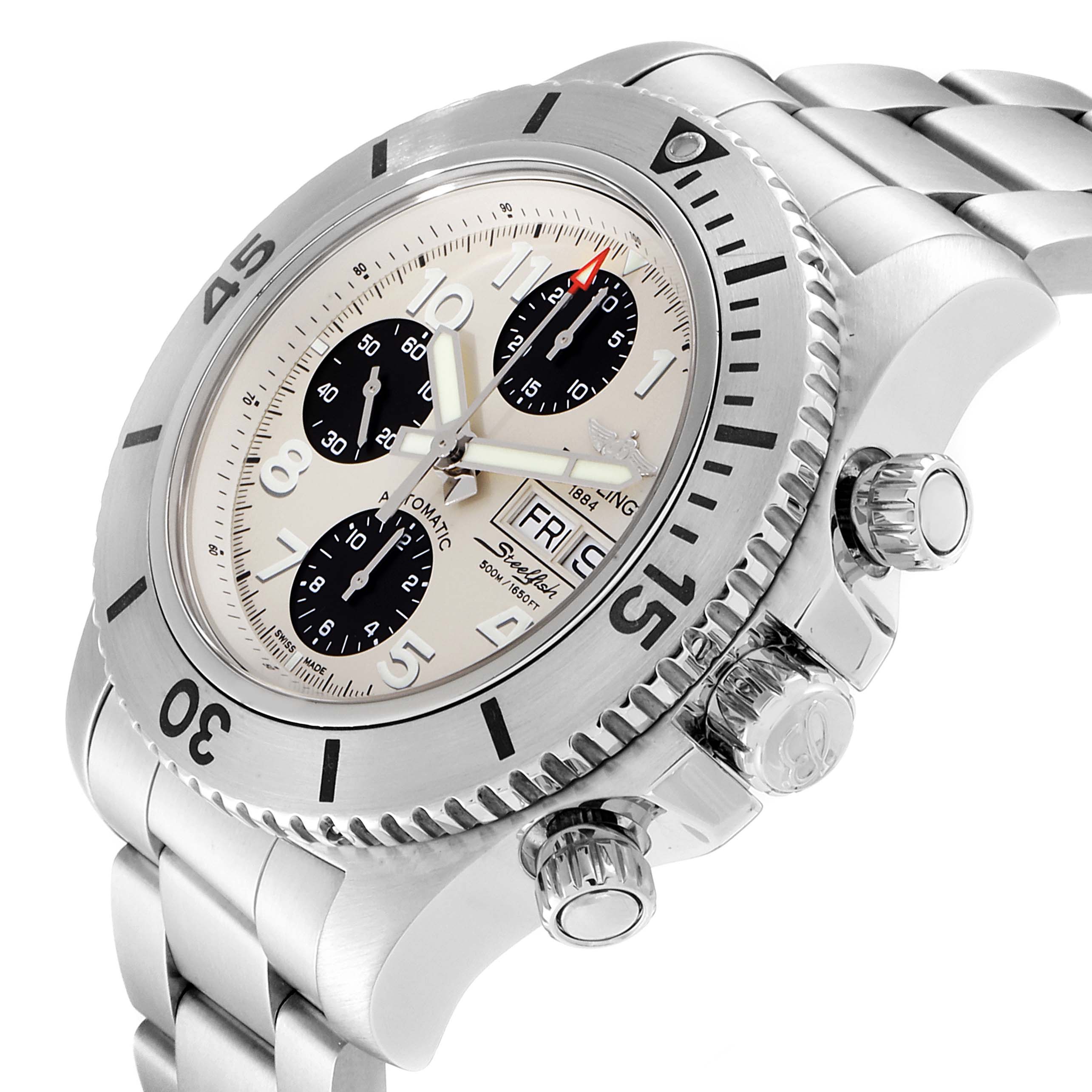 This image shows a side angle of the Breitling Superocean A13341C3/BD19 Men's Stainless Steel White Dial A13341C3/BD19 Men's Stainless Steel White Dial watch, highlighting the bezel, crown, pushers, and part of the bracelet.