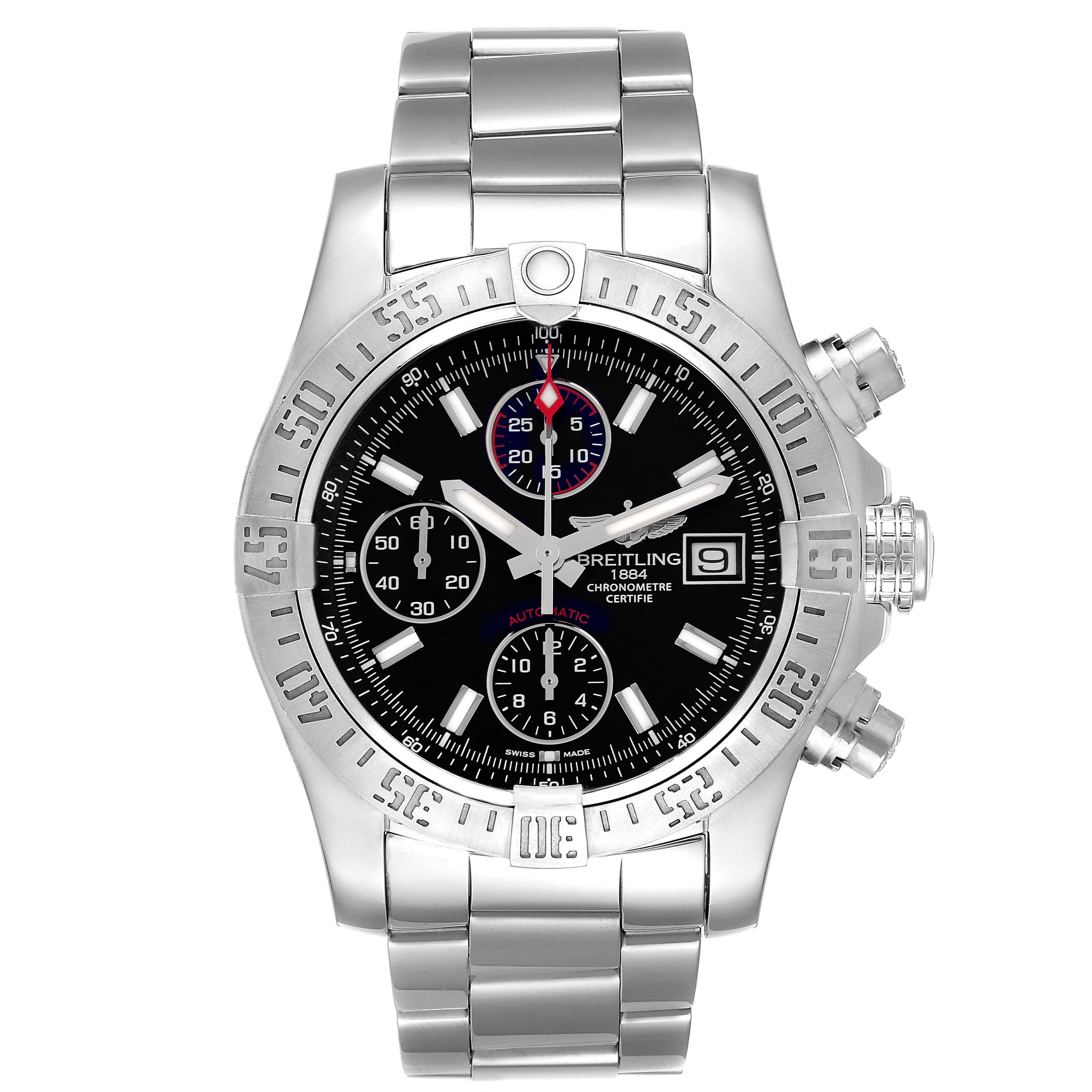 The Breitling Avenger A13381 Men
s Stainless Steel Black Dial A13381 Men
s Stainless Steel Black Dial watch is shown from a front view, highlighting the face, bezel, chronograph, and stainless steel bracelet.