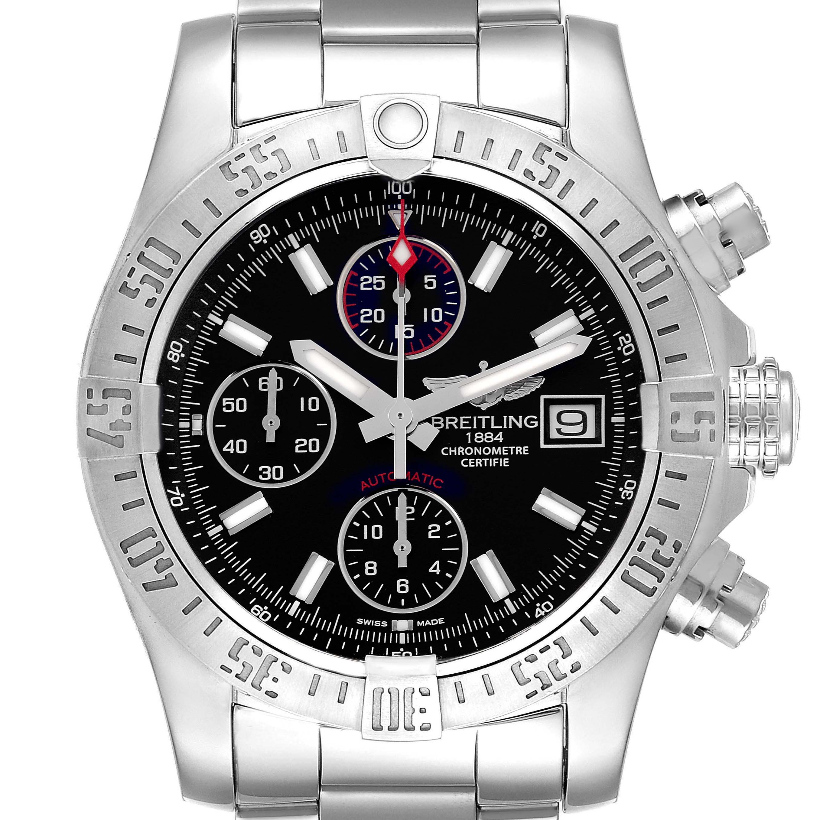 The Breitling Avenger A13381 Men
s Stainless Steel Black Dial A13381 Men
s Stainless Steel Black Dial watch is shown from a front view, displaying its dial, bezel, crown, and chronograph subdials.
