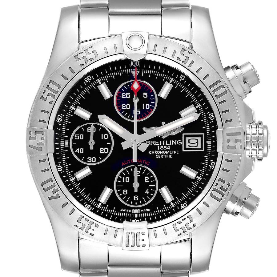 The Breitling Avenger watch is shown from a front view, displaying its dial, bezel, crown, and chronograph subdials.