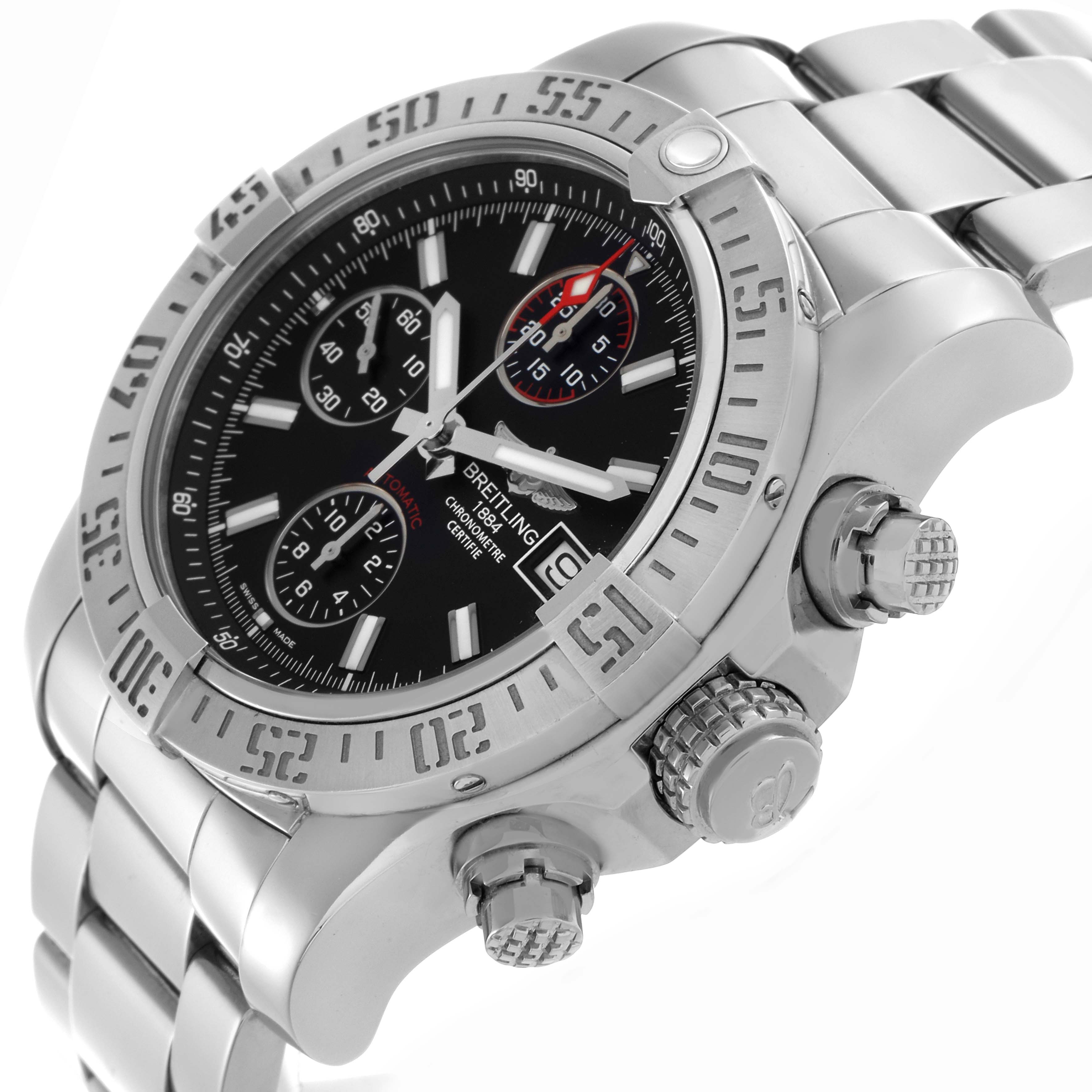 The image shows a Breitling Avenger A13381 Men
s Stainless Steel Black Dial A13381 Men
s Stainless Steel Black Dial watch at an angled view featuring the bezel, crown, pushers, and partial bracelet.