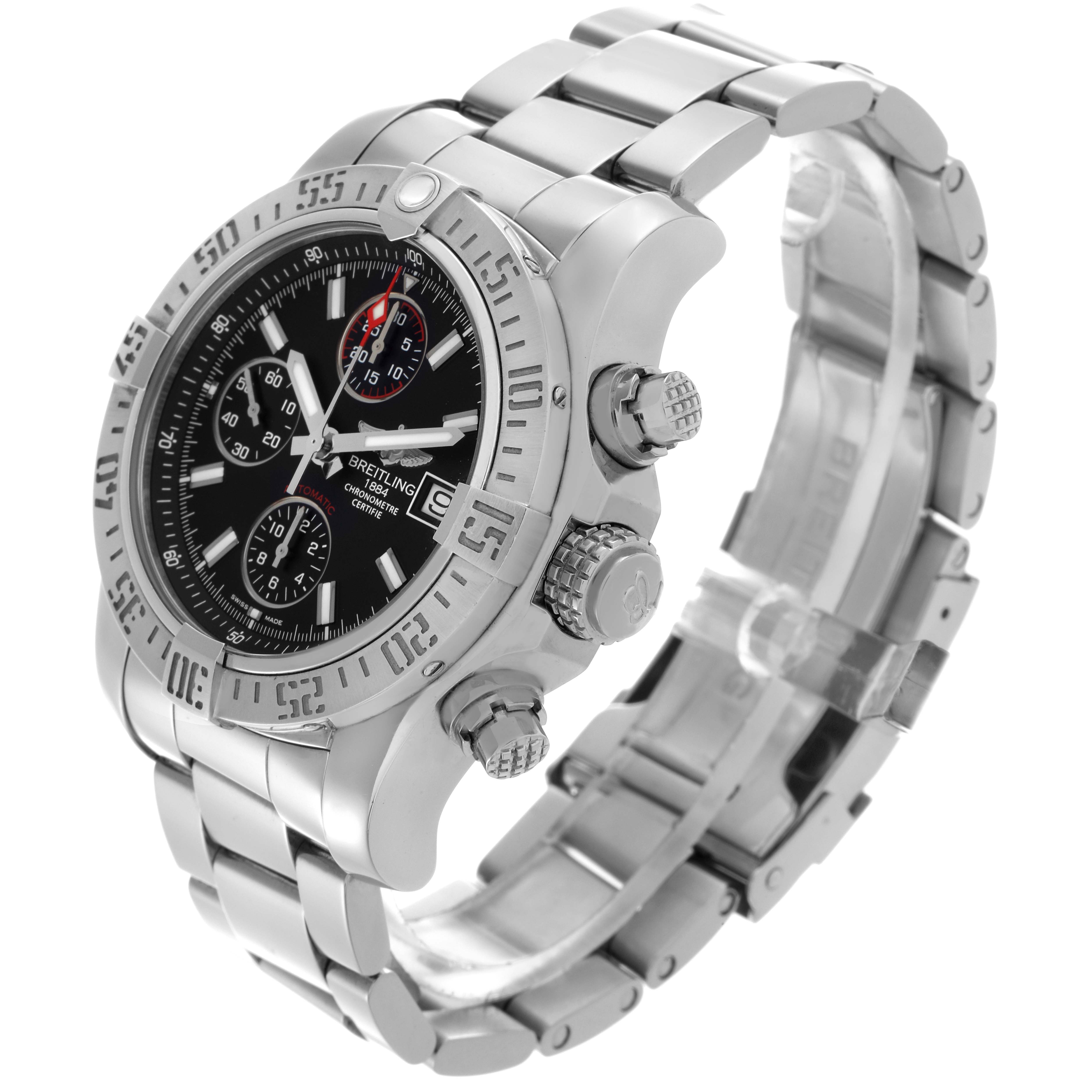 The Breitling Avenger A13381 Men
s Stainless Steel Black Dial A13381 Men
s Stainless Steel Black Dial watch is shown at a three-quarter angle, highlighting its bezel, crown, chronograph dials, and bracelet.