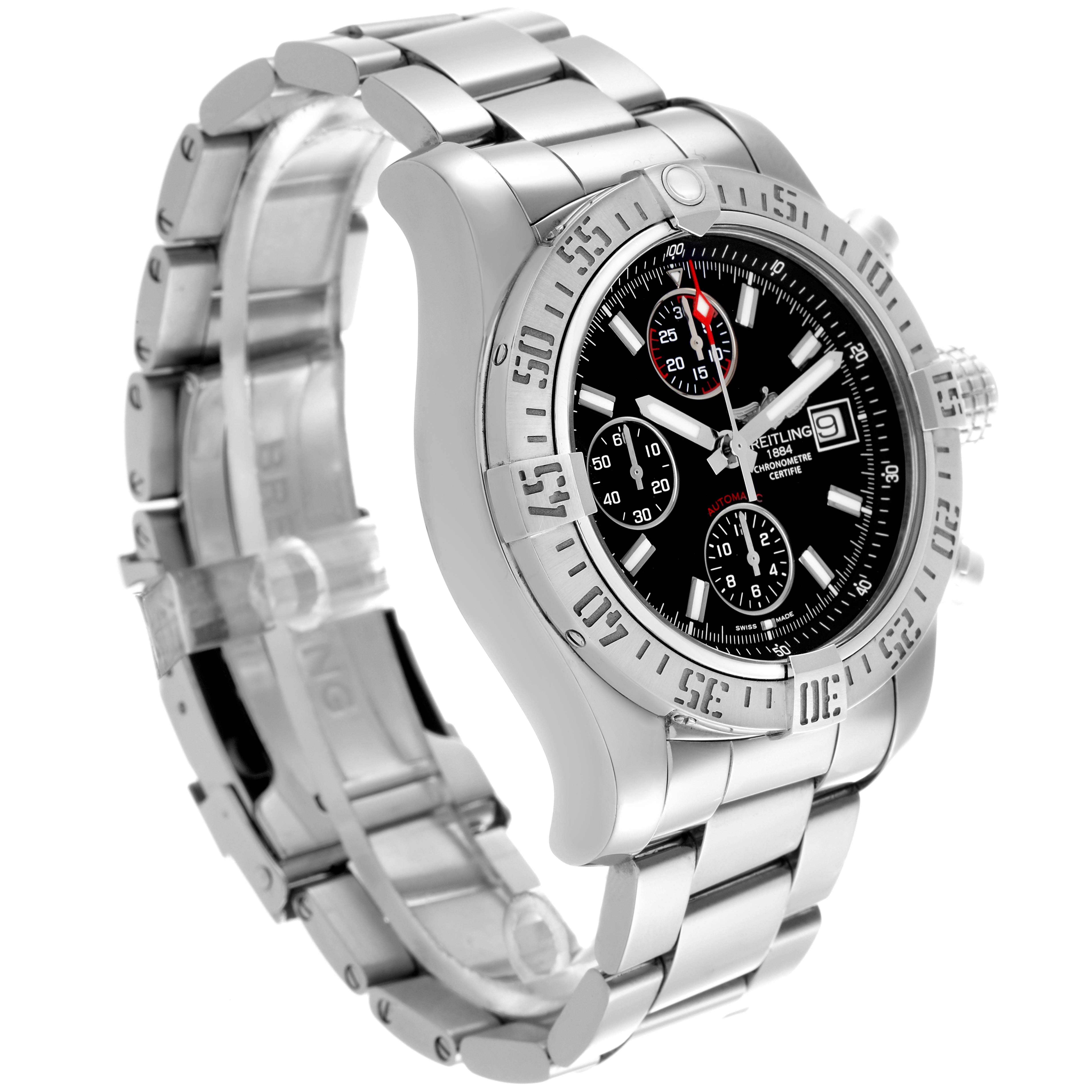 The Breitling Avenger A13381 Men
s Stainless Steel Black Dial A13381 Men
s Stainless Steel Black Dial watch is shown from a front-left angle, highlighting its dial, bezel, and bracelet.