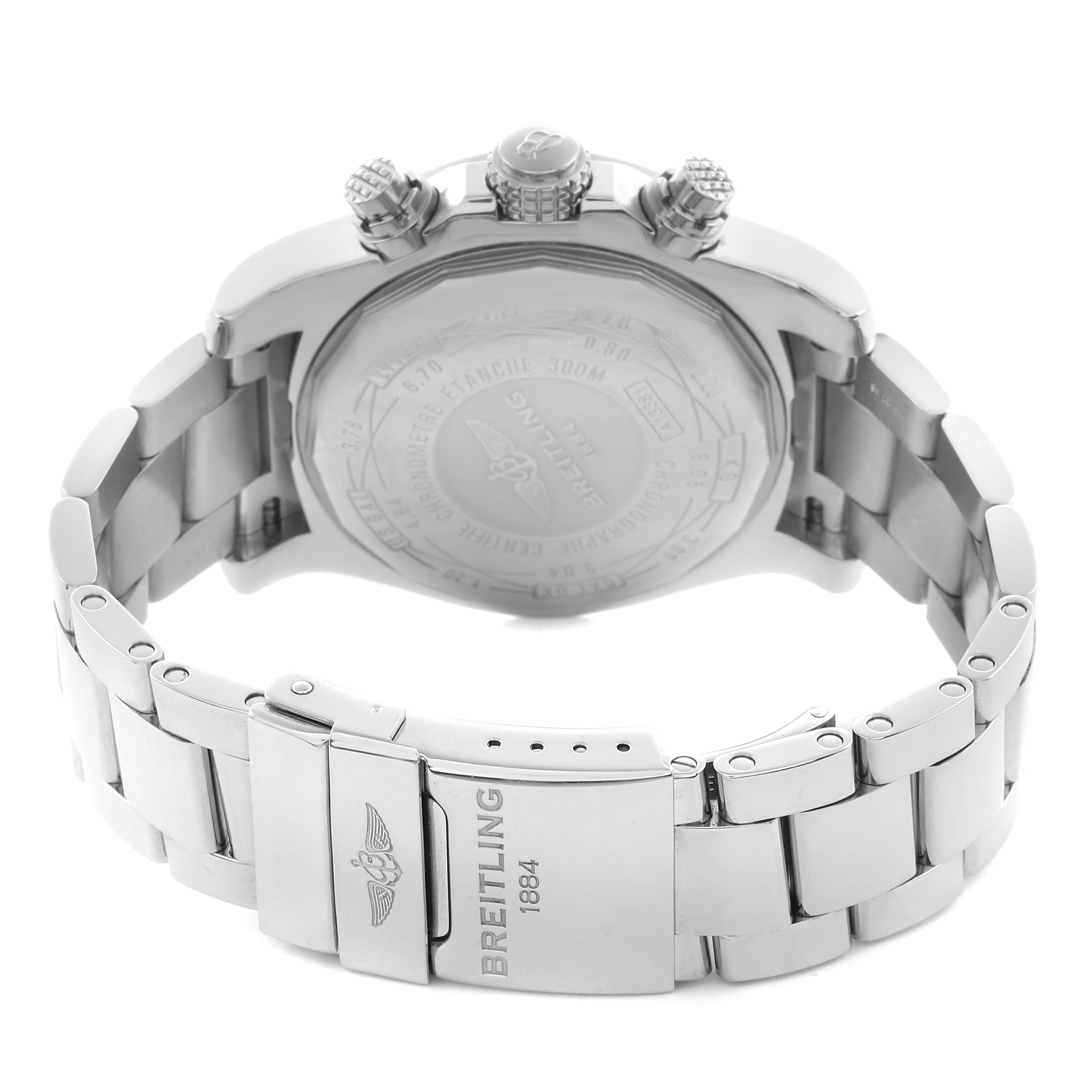 The Breitling Avenger A13381 Men
s Stainless Steel Black Dial A13381 Men
s Stainless Steel Black Dial watch is shown from the back angle, highlighting the case back, crown, pushers, and part of the bracelet.