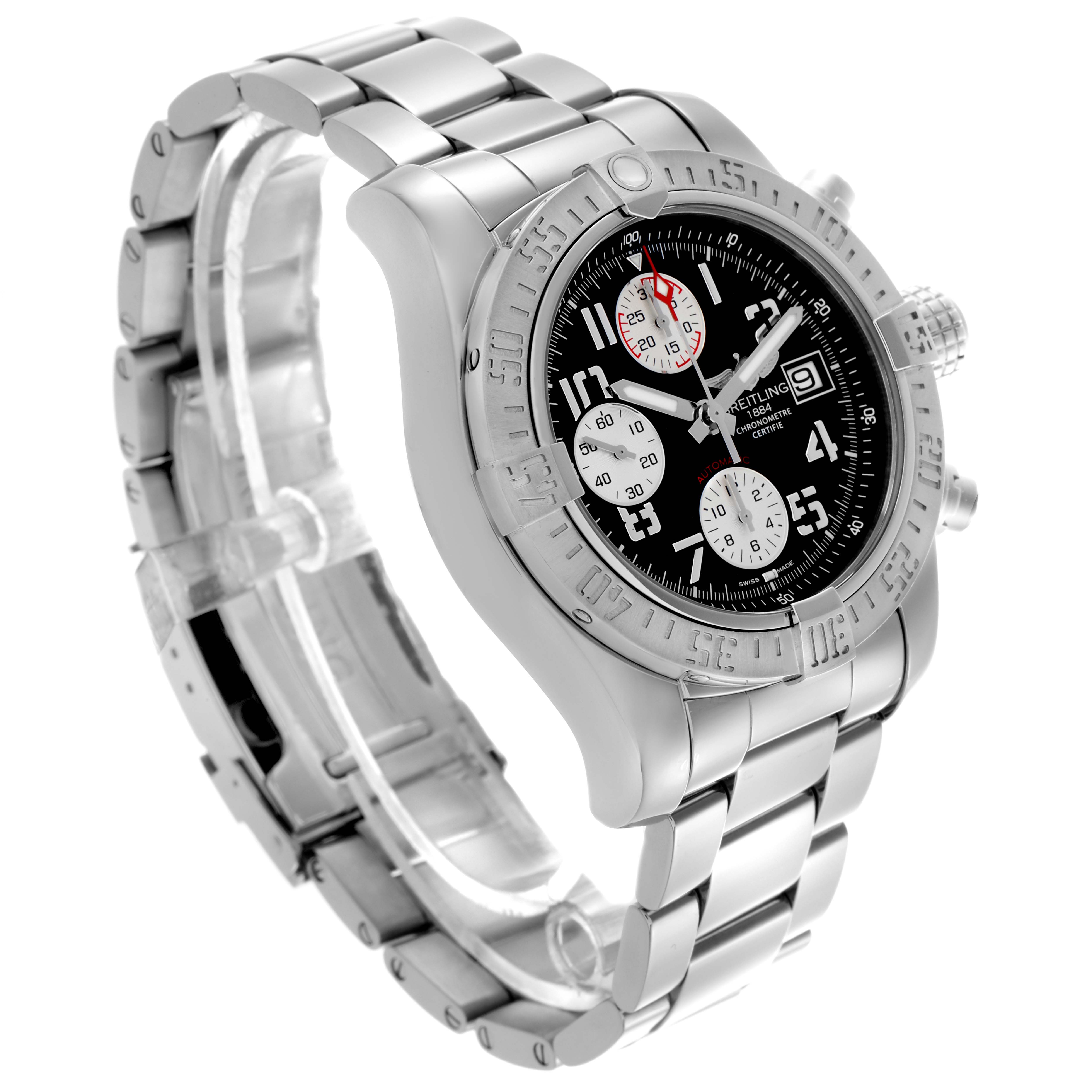 The Breitling Avenger A13381111B2A1 Men's Stainless Steel Black Dial A13381111B2A1 Men's Stainless Steel Black Dial watch is shown at an angled side view, displaying the dial, bezel, crown, and metal bracelet.