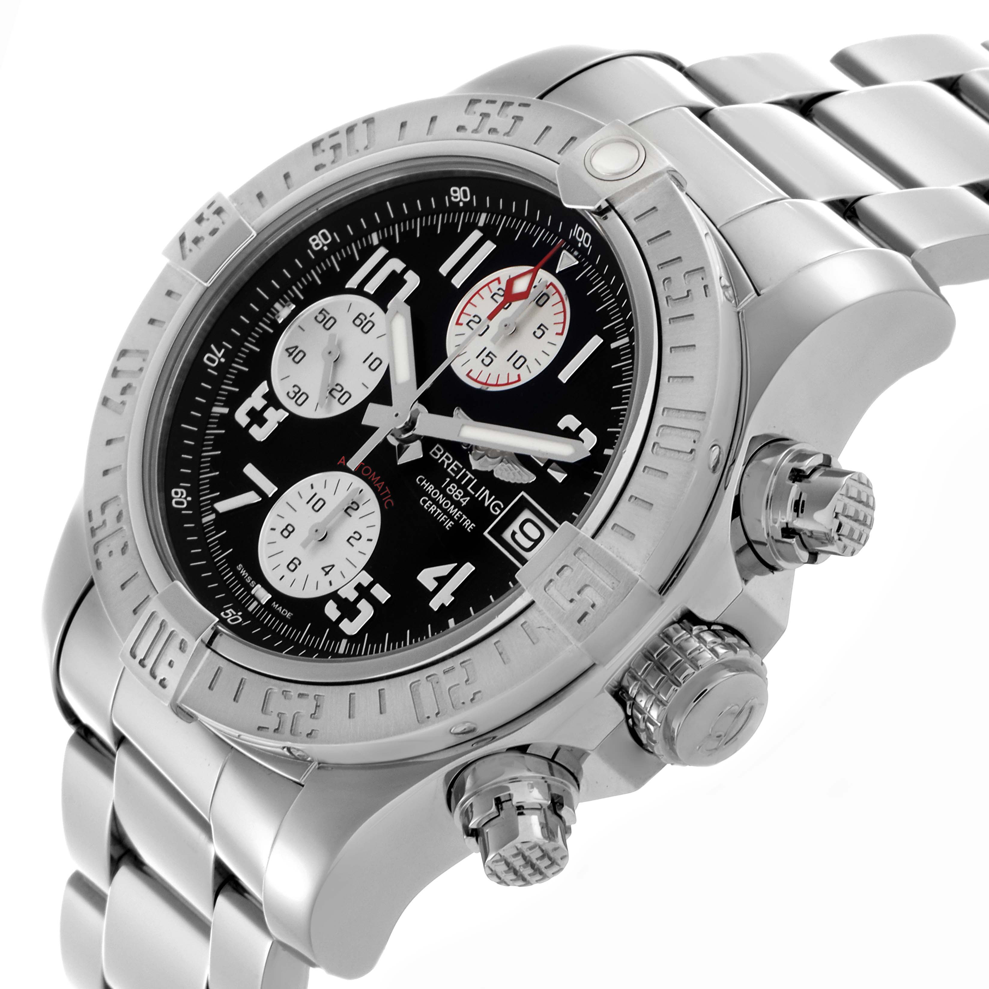 The Breitling Avenger A13381111B2A1 Men's Stainless Steel Black Dial A13381111B2A1 Men's Stainless Steel Black Dial watch is shown in a side angle, highlighting the bezel, crown, pushers, and bracelet.