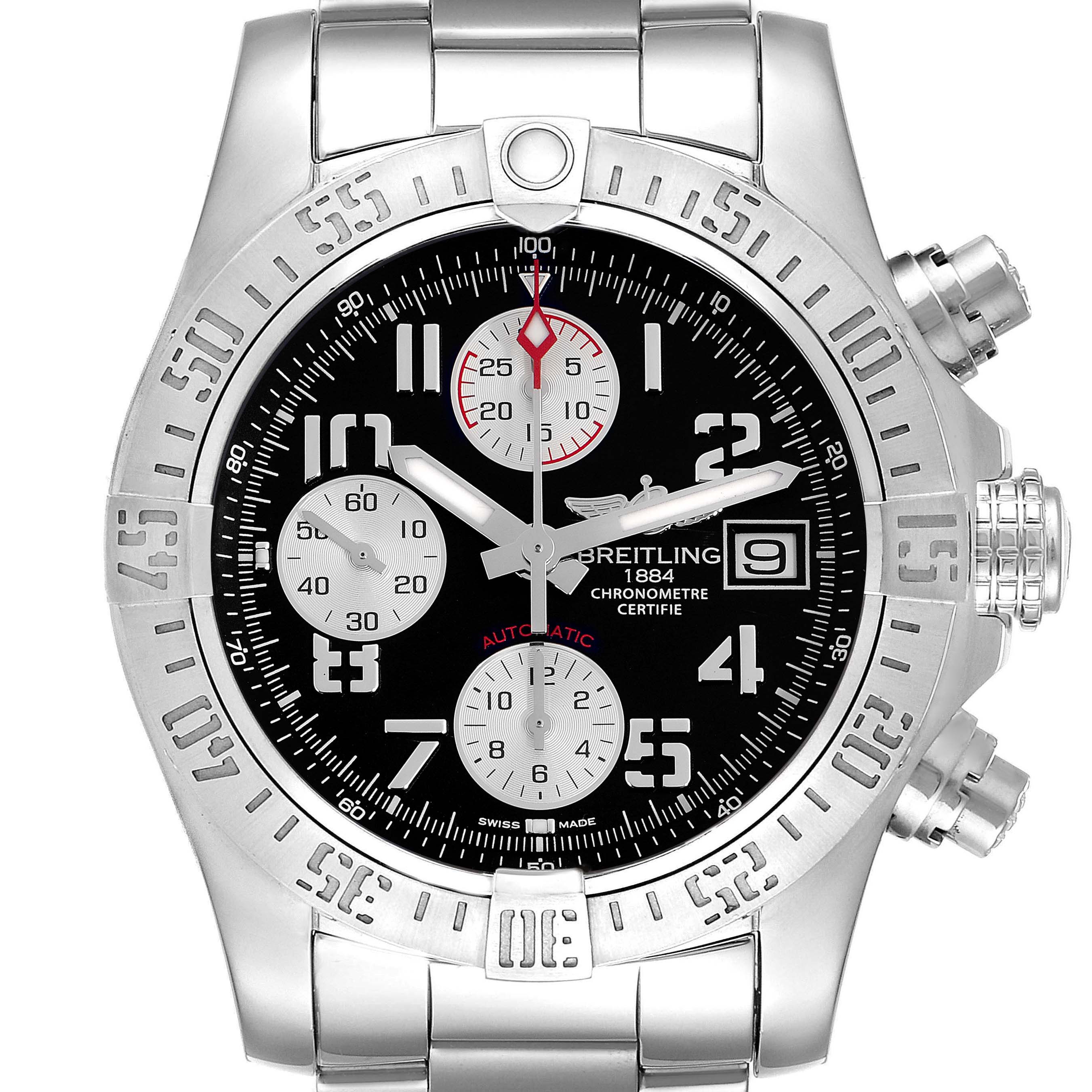 The Breitling Avenger A13381111B2A1 Men's Stainless Steel Black Dial A13381111B2A1 Men's Stainless Steel Black Dial watch is shown from a front angle, highlighting its bezel, dial, chronograph subdials, and bracelet.