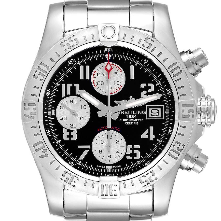 The Breitling Avenger watch is shown from a front angle, highlighting its bezel, dial, chronograph subdials, and bracelet.