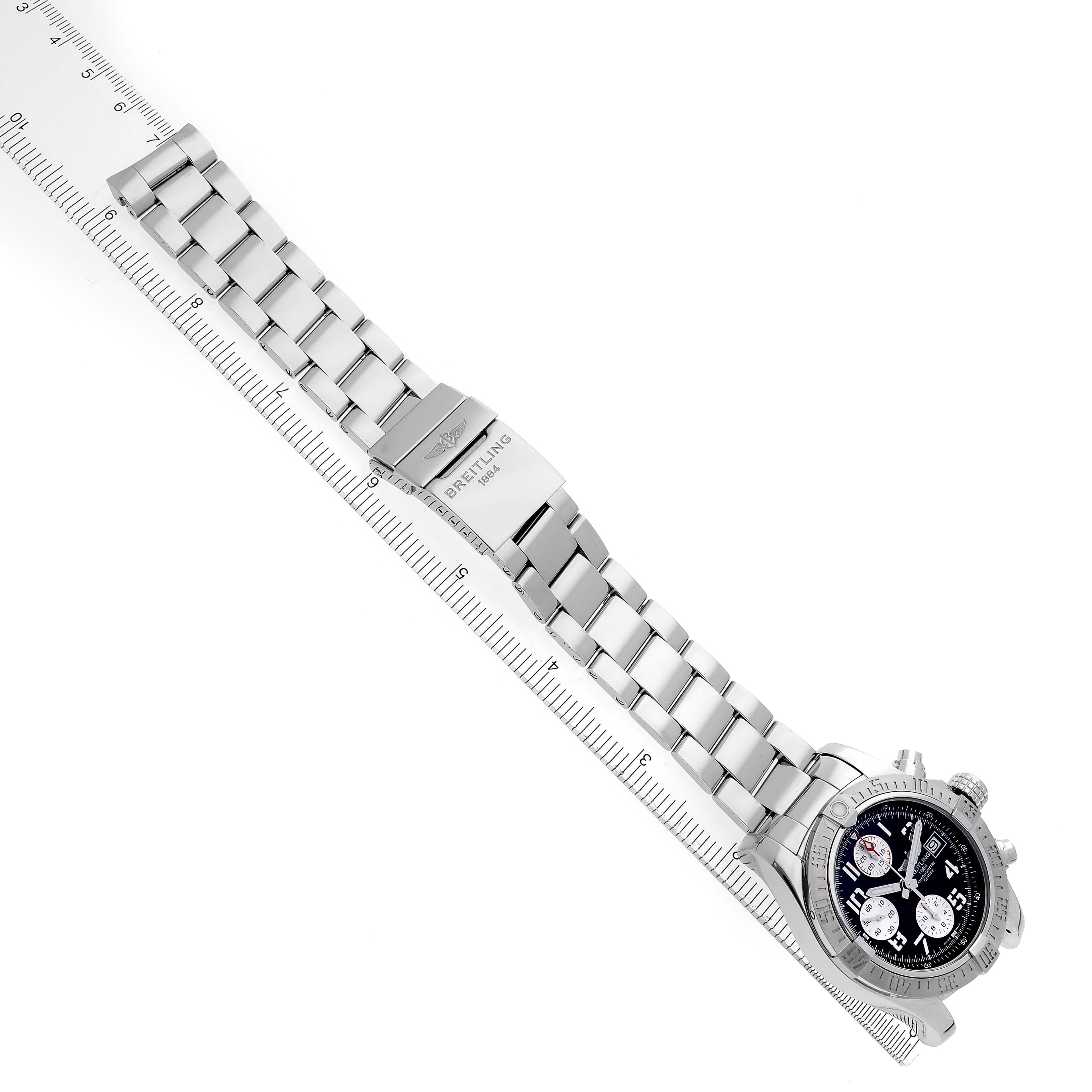 The image shows a Breitling Avenger A13381111B2A1 Men's Stainless Steel Black Dial A13381111B2A1 Men's Stainless Steel Black Dial watch at an angled view, highlighting the bracelet, clasp, and watch face.