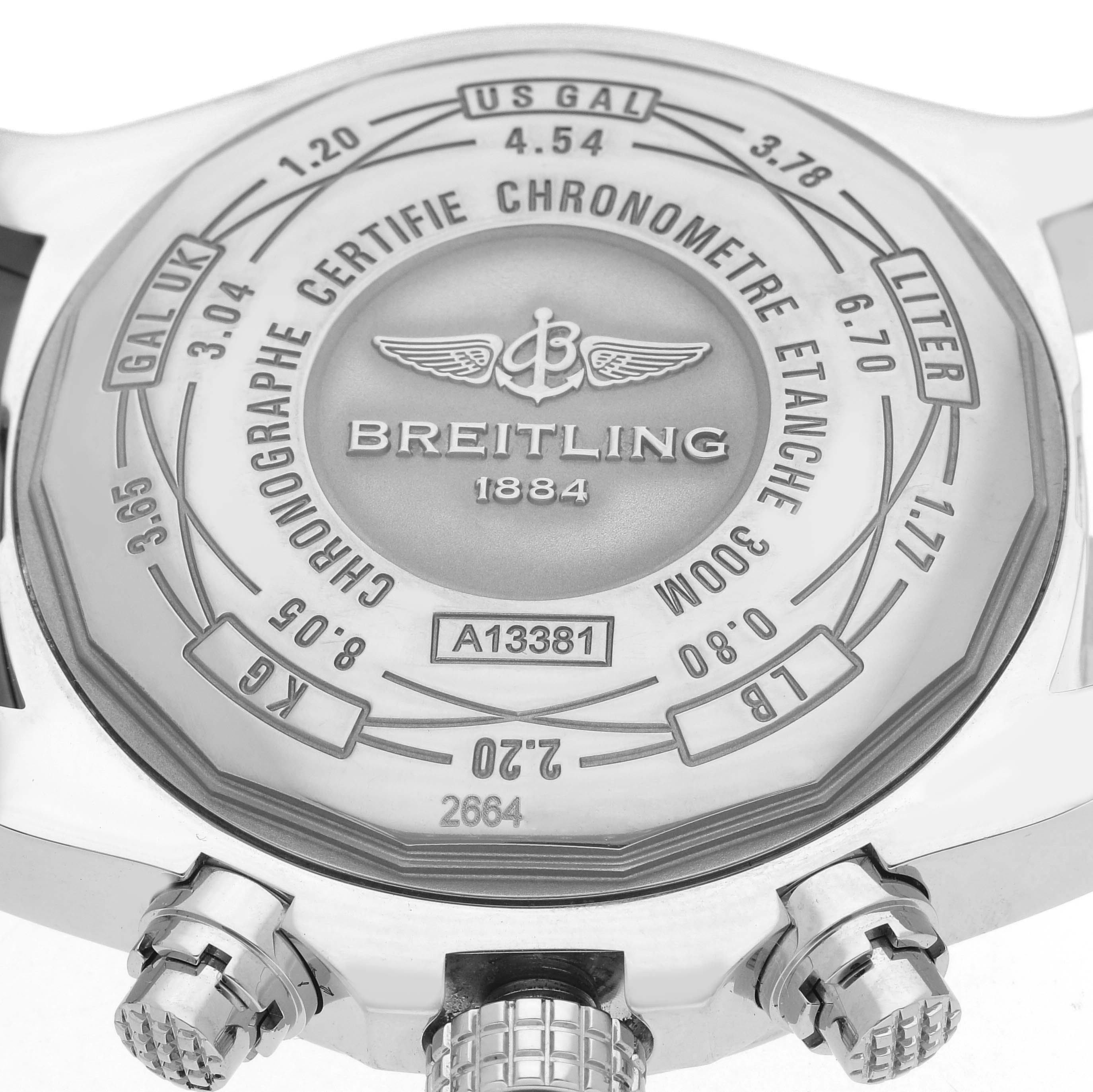 The image shows the back of a Breitling Avenger A13381111B2A1 Men's Stainless Steel Black Dial A13381111B2A1 Men's Stainless Steel Black Dial watch, featuring its engraved details and chronometer certification.