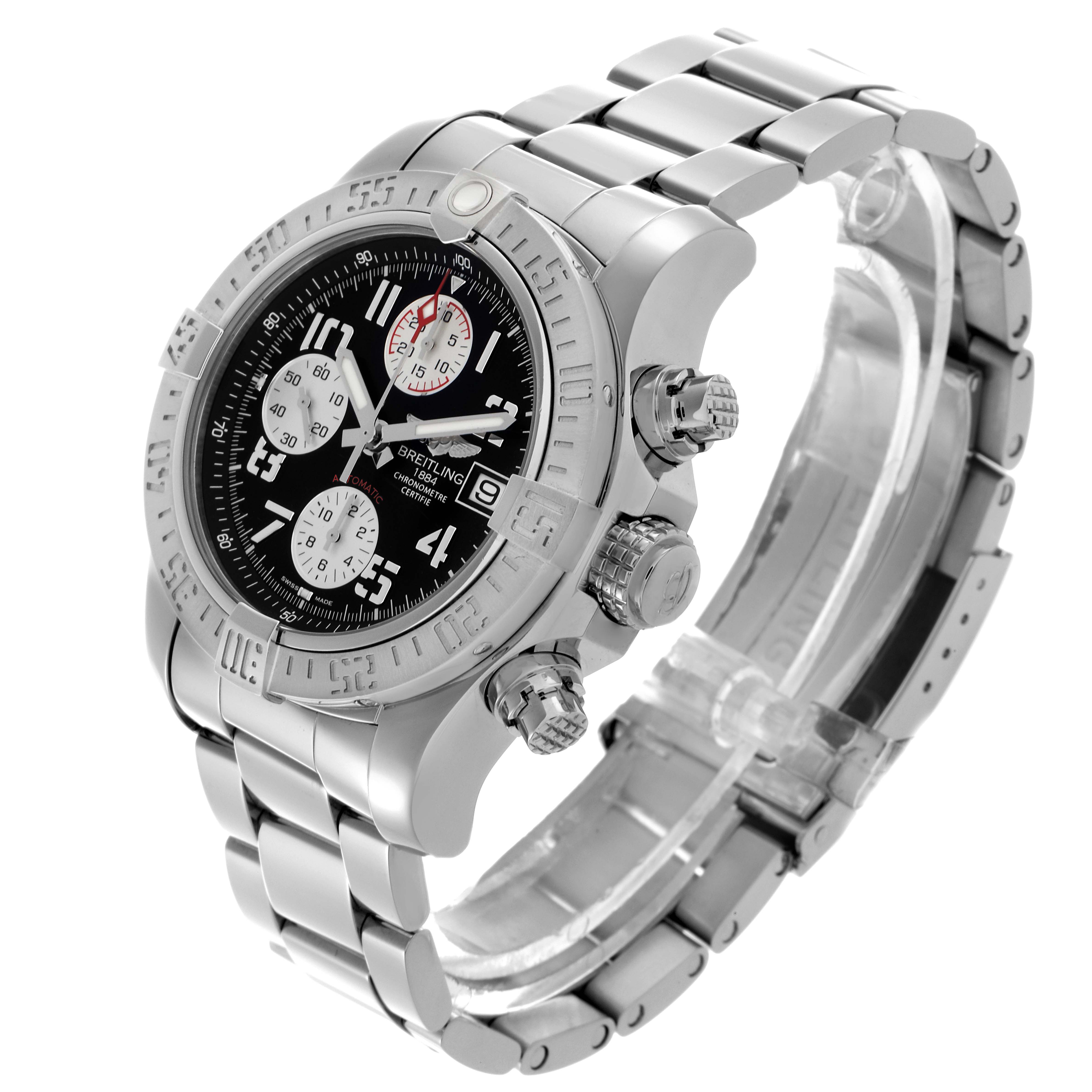 The Breitling Avenger A13381111B2A1 Men's Stainless Steel Black Dial A13381111B2A1 Men's Stainless Steel Black Dial watch is shown at a three-quarter angle, highlighting the face, bezel, crown, and bracelet.