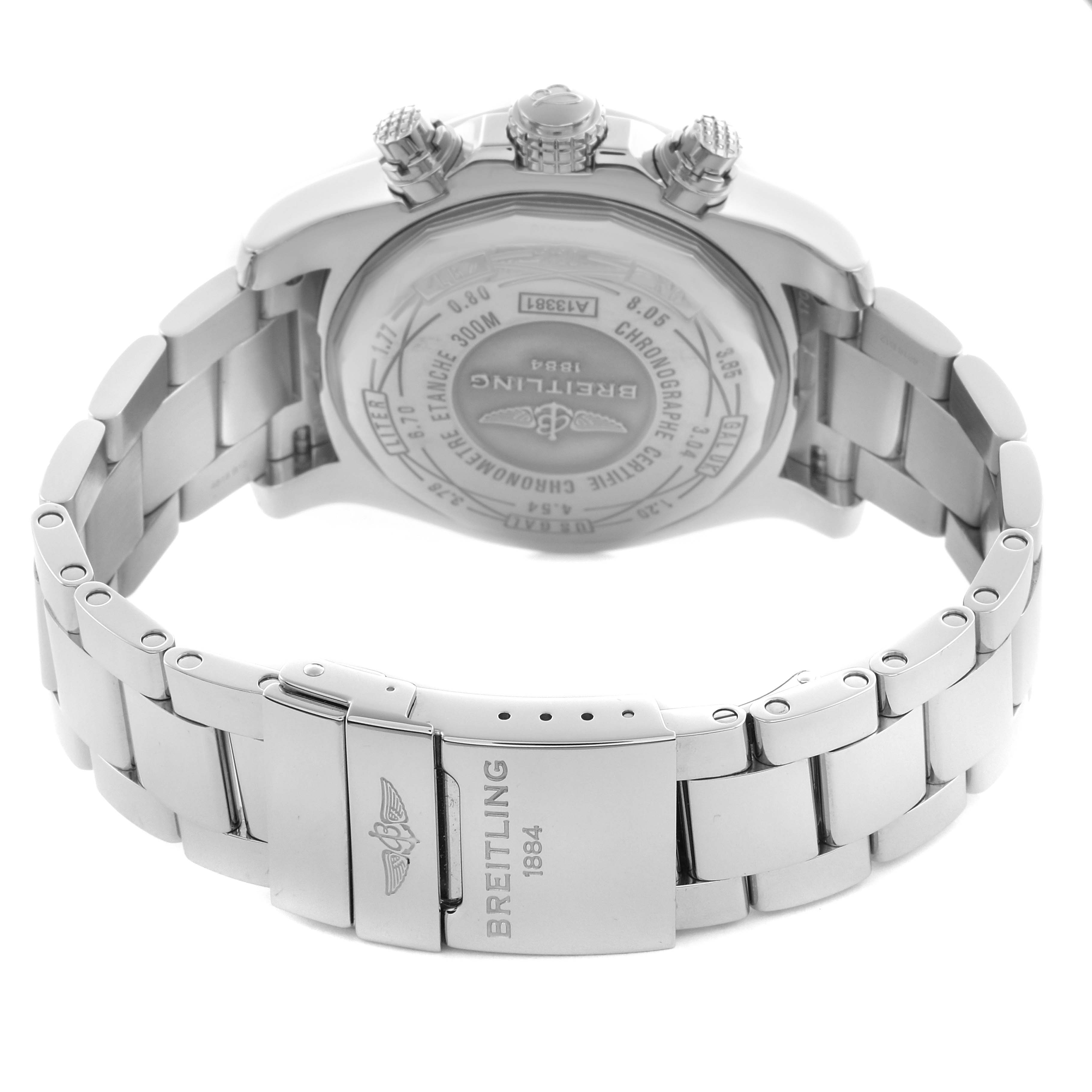 The image displays the back view of a Breitling Avenger A13381111B2A1 Men's Stainless Steel Black Dial A13381111B2A1 Men's Stainless Steel Black Dial watch, showing the case back, crown, and metal bracelet with a clasp.