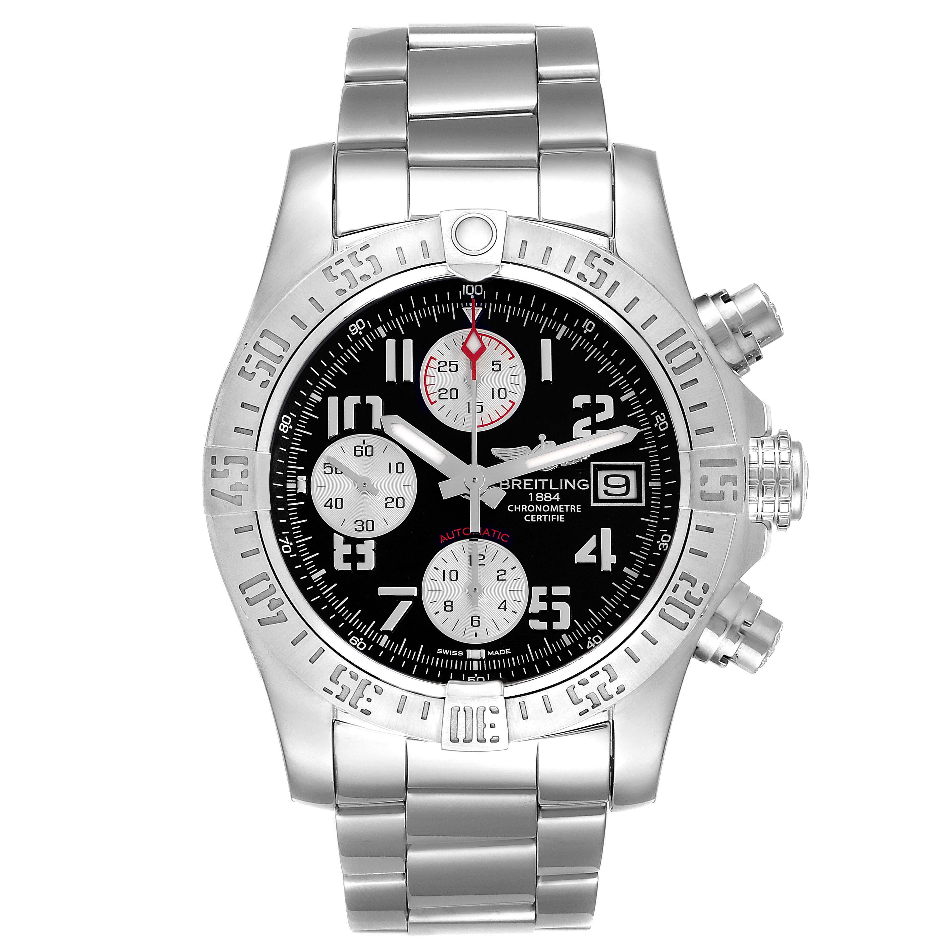 The Breitling Avenger A13381111B2A1 Men's Stainless Steel Black Dial A13381111B2A1 Men's Stainless Steel Black Dial watch is shown from a front angle, displaying its dial, bezel, crown, pushers, and bracelet.